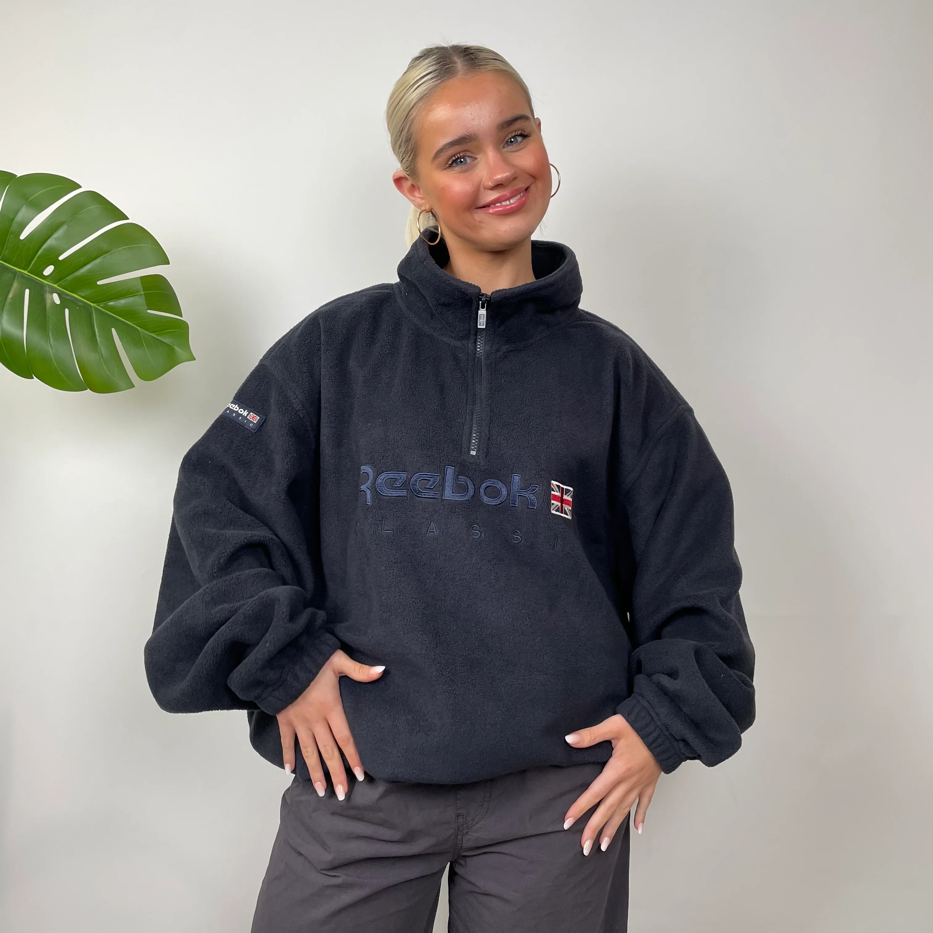 Reebok RARE Navy Embroidered Spell Out Teddy Bear Fleece Quarter Zip Sweatshirt (XXL) - Image 5