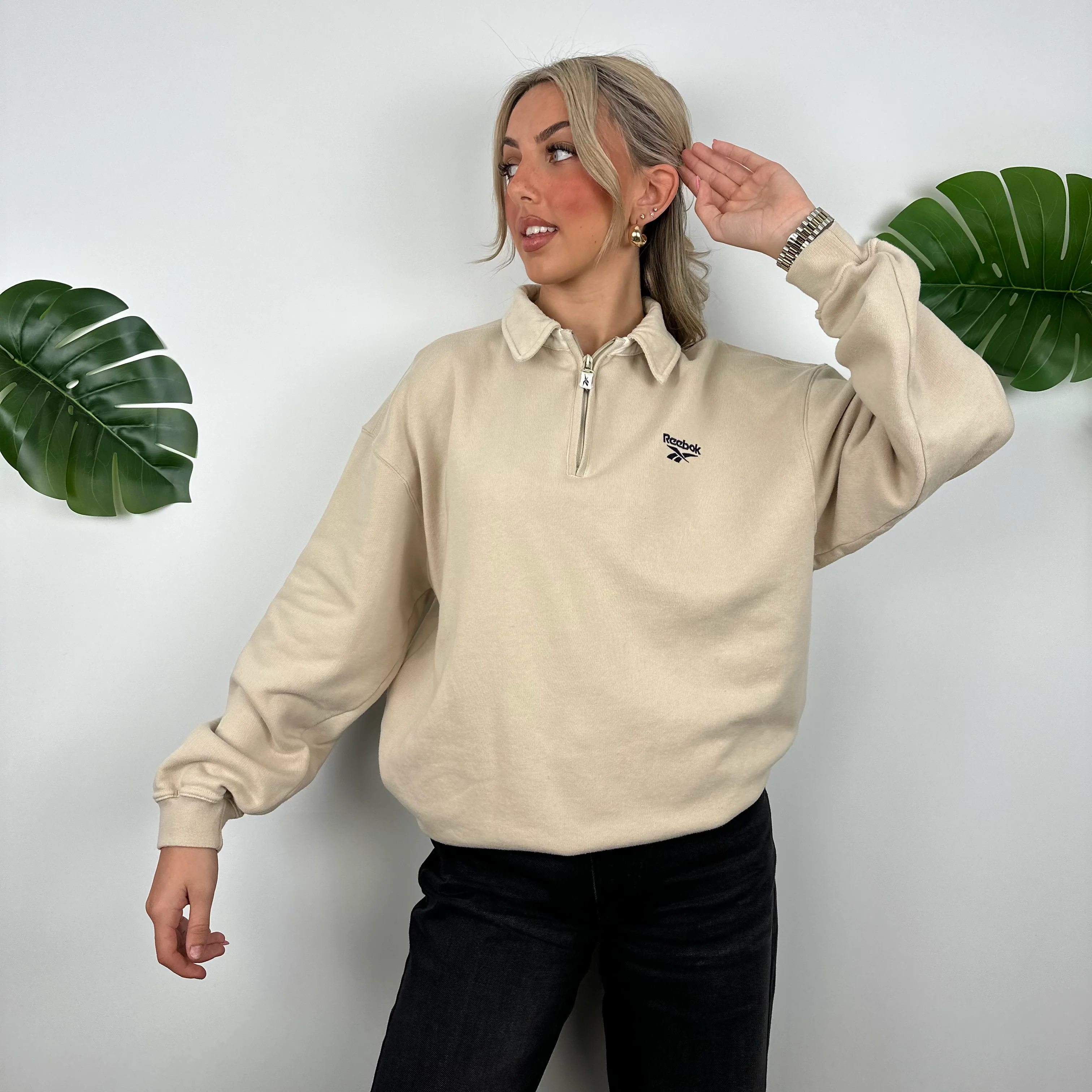 Reebok Tan Beige Embroidered Spell Out Quarter Zip Sweatshirt (M) - Image 5