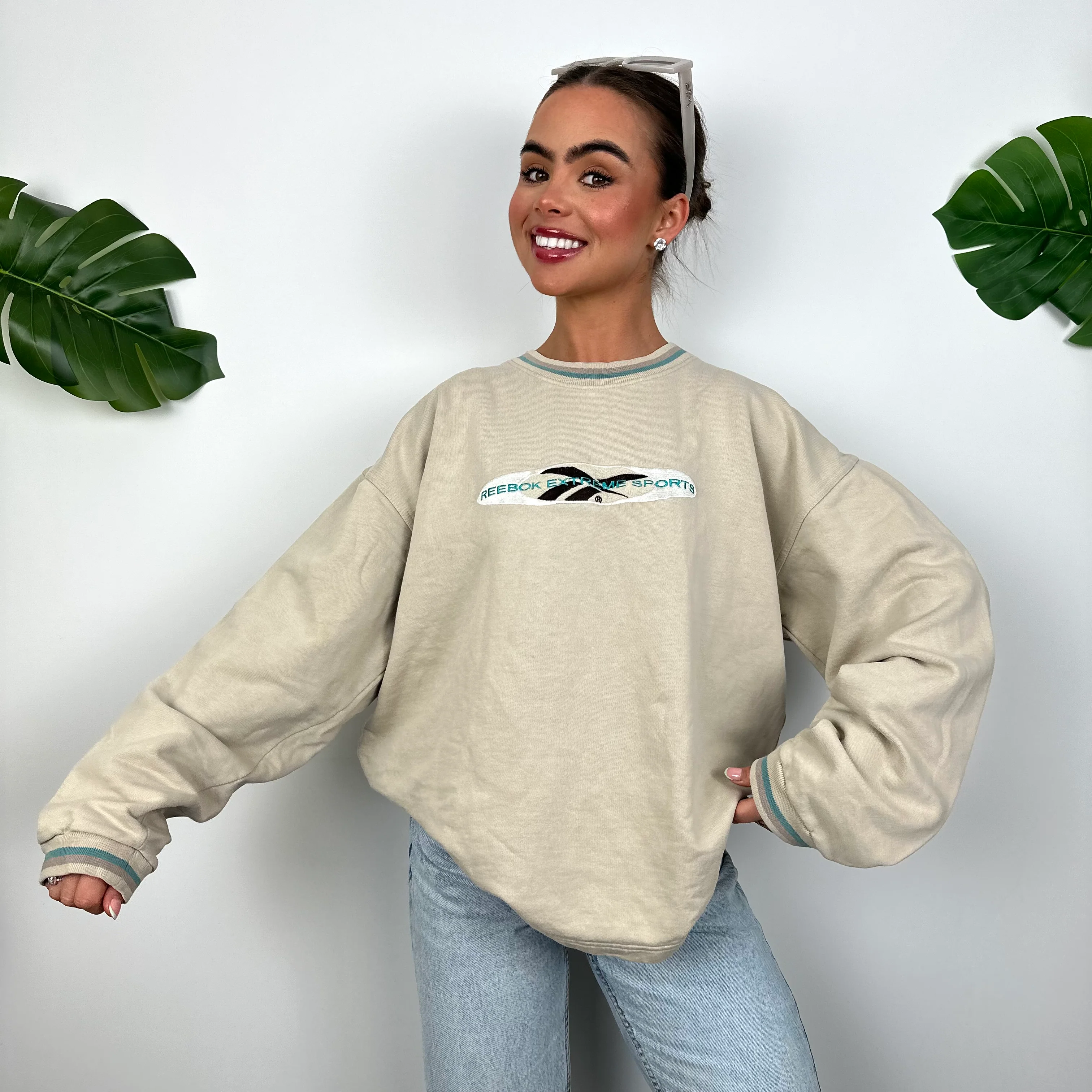 Reebok Tan Beige Embroidered Spell Out Sweatshirt (M) - Image 4