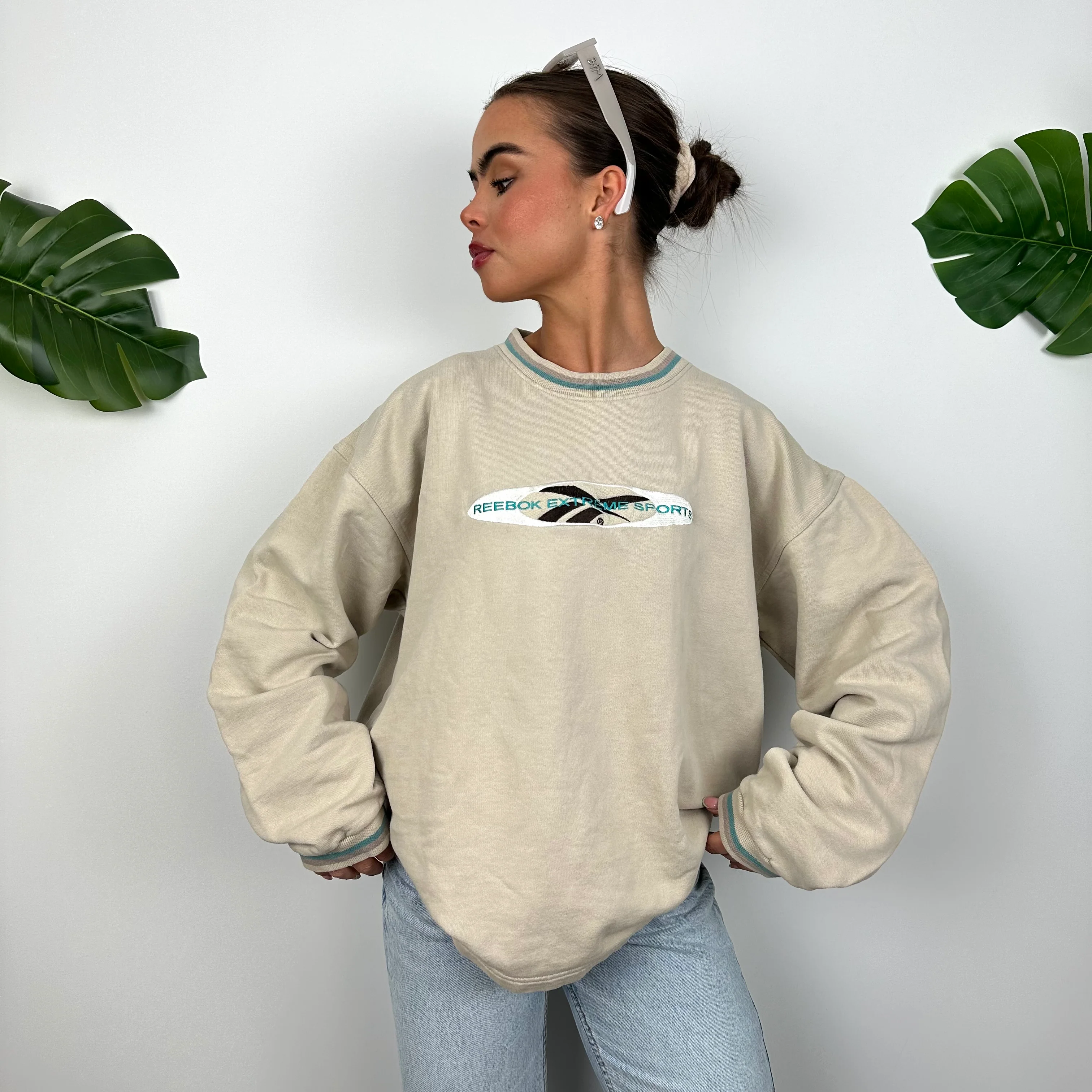 Reebok Tan Beige Embroidered Spell Out Sweatshirt (M) - Image 6