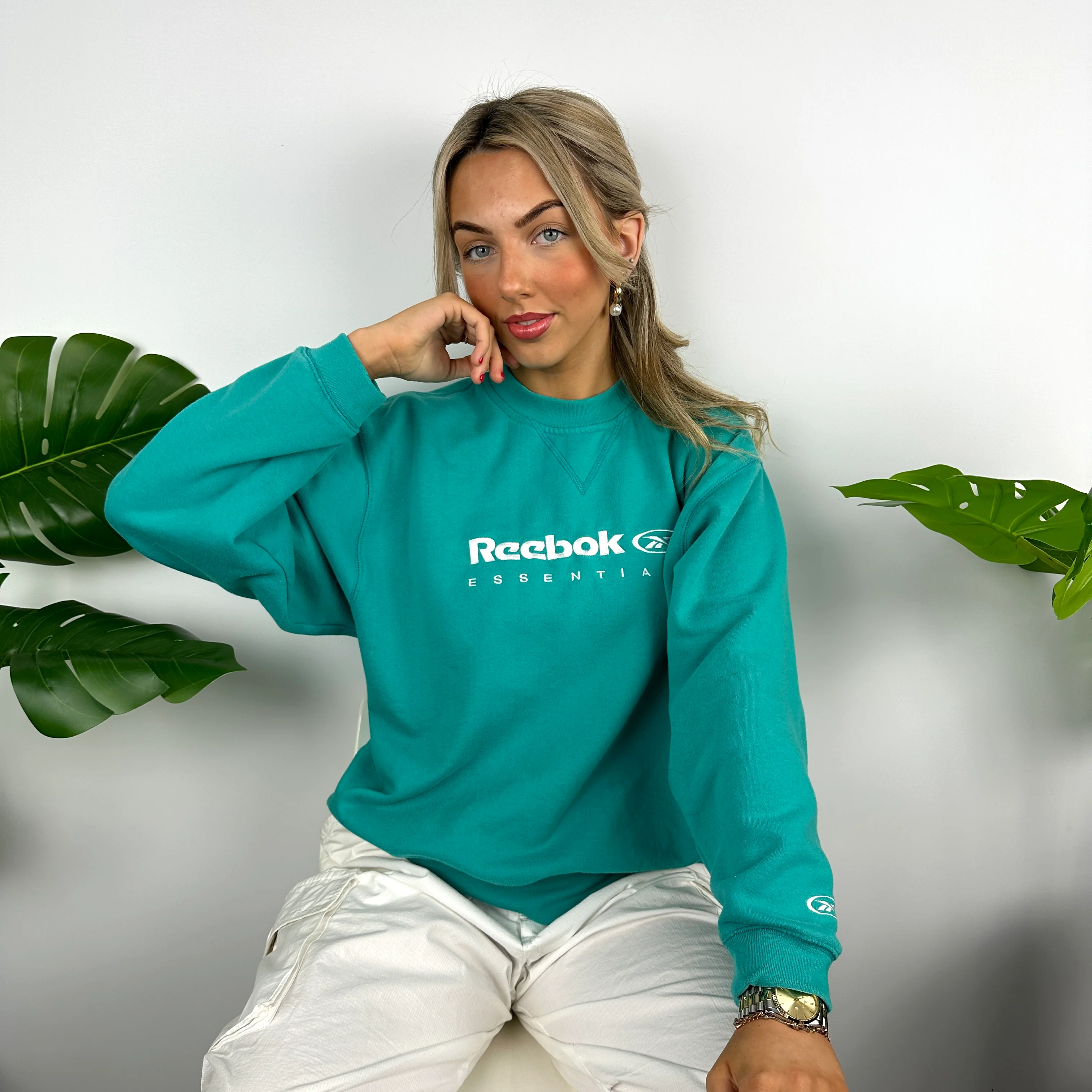 Reebok Turquoise Blue Embroidered Spell Out Sweatshirt (M) - Image 3