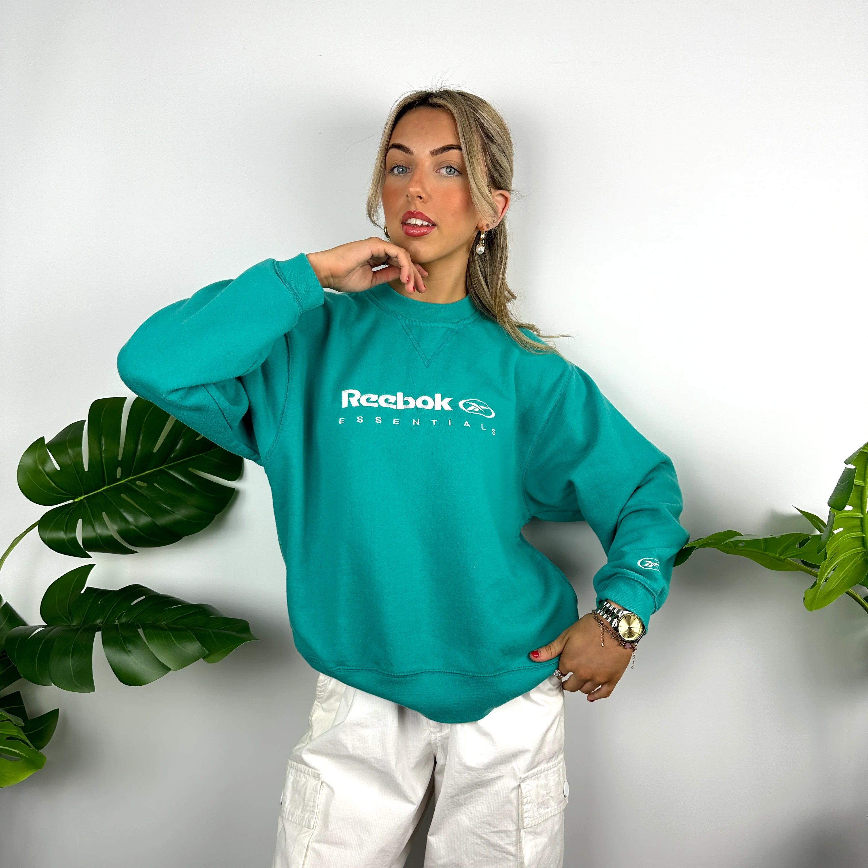 Reebok Turquoise Blue Embroidered Spell Out Sweatshirt (M) - Image 6