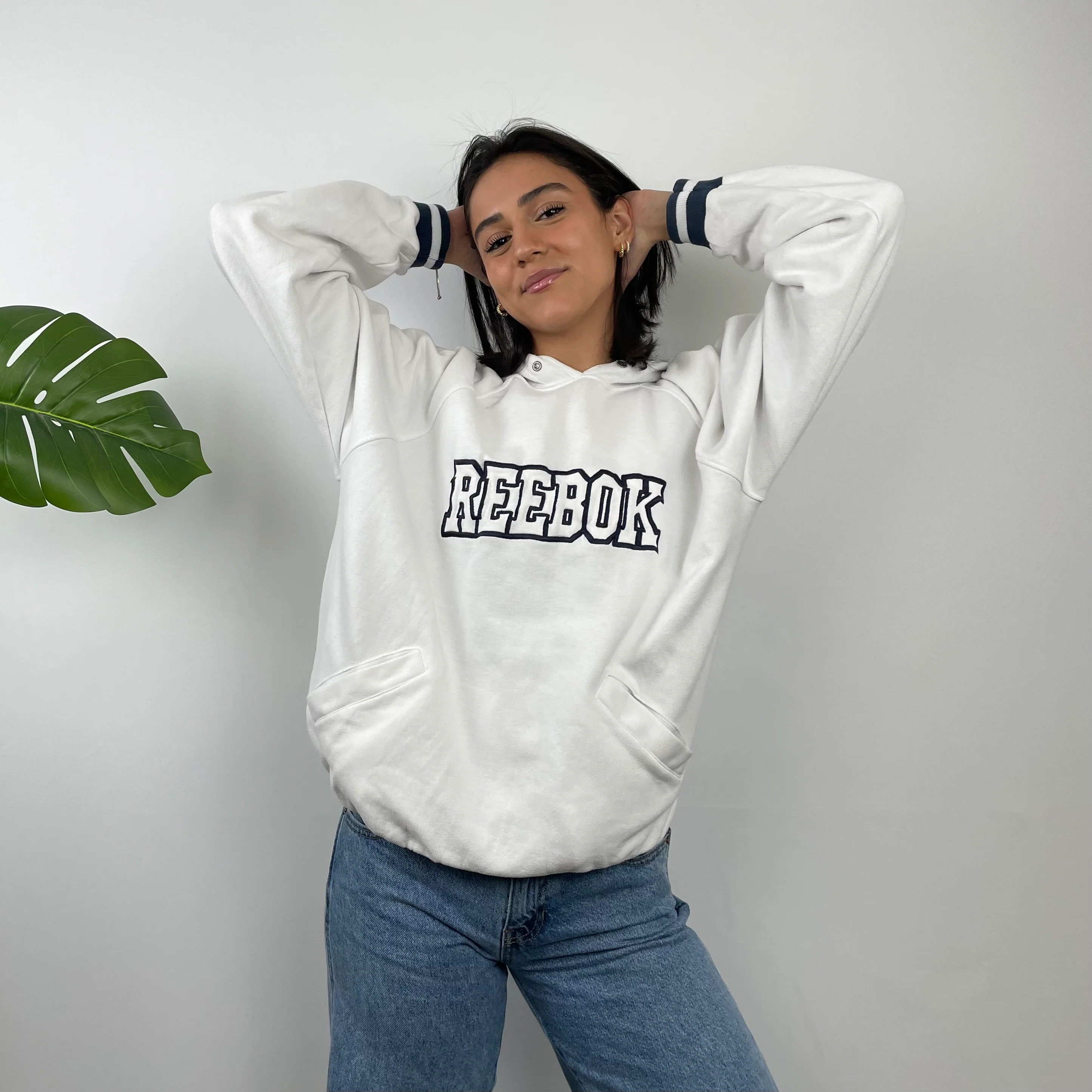 Reebok White Embroidered Spell Out Hoodie (M) - Image 2