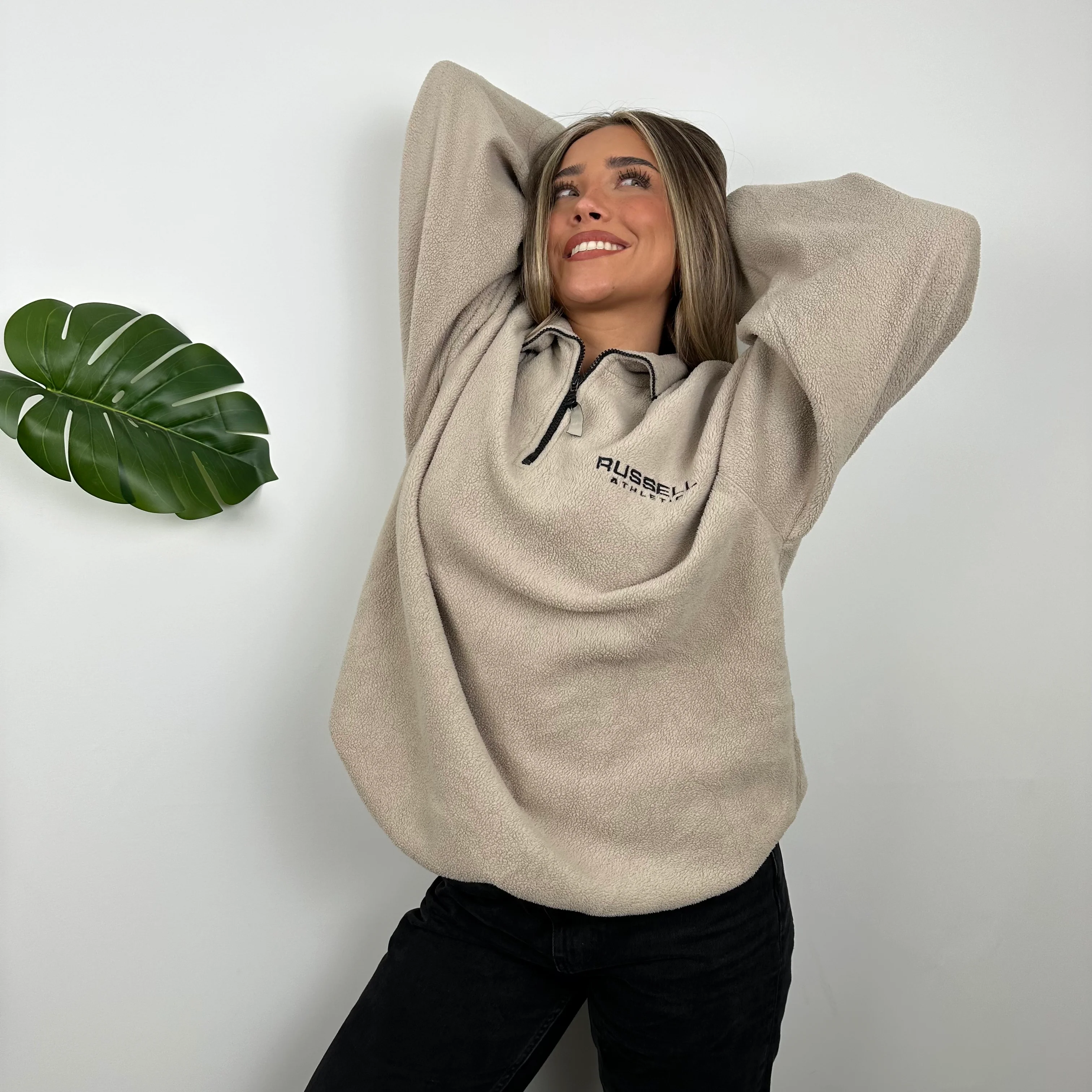 Russell Athletic Cream Embroidered Spell Out Fleece Quarter Zip (L) - Image 6