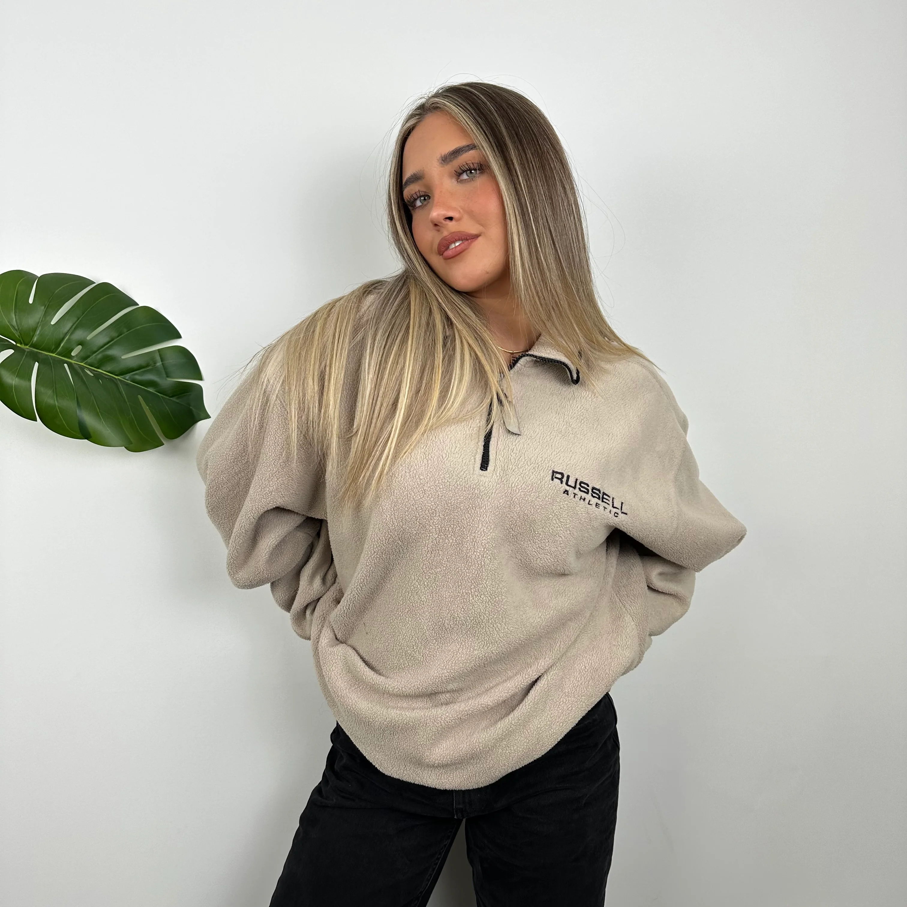 Russell Athletic Cream Embroidered Spell Out Fleece Quarter Zip (L) - Image 7