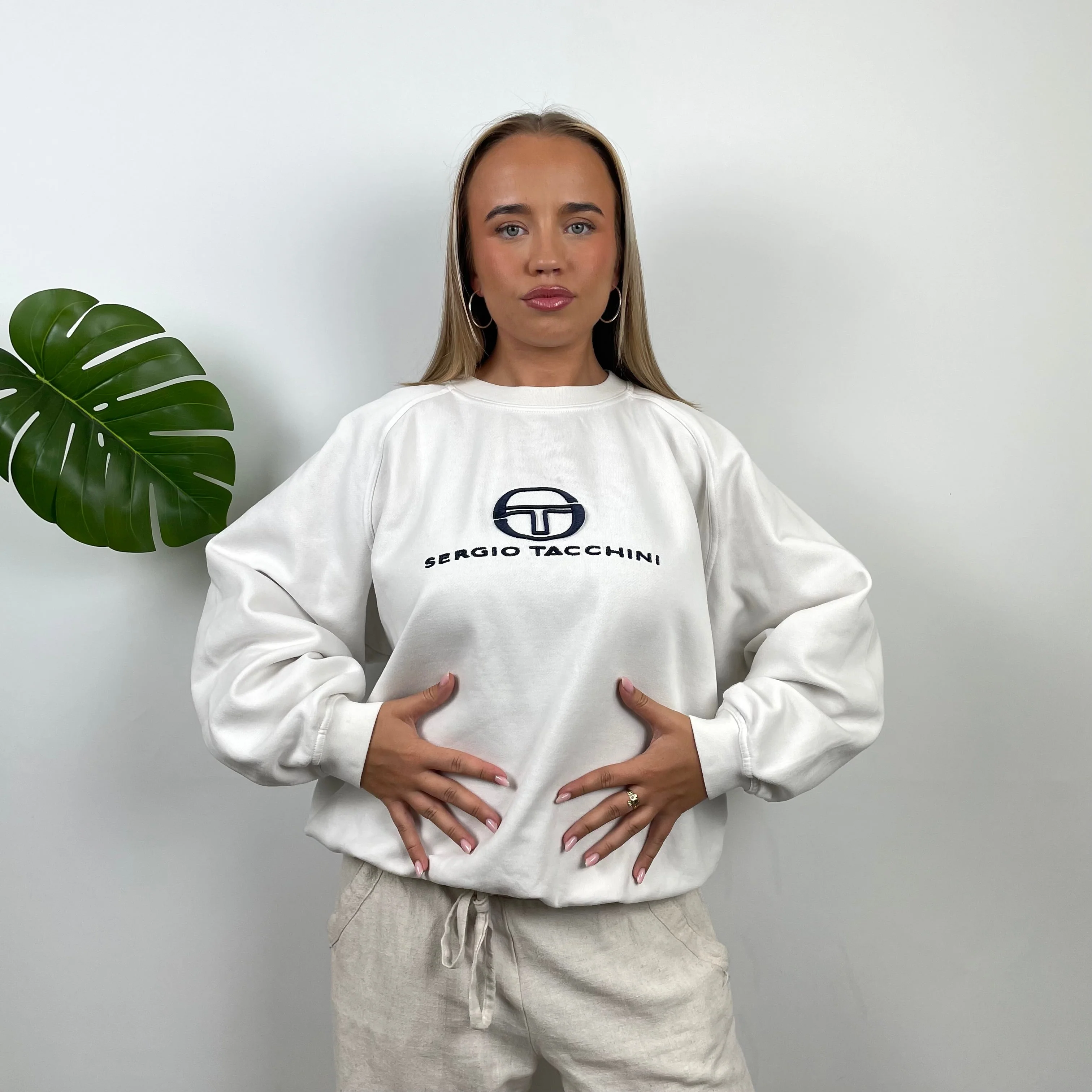 Sergio Tacchini White  Embroidered Spell Out Sweatshirt (L) - Image 2