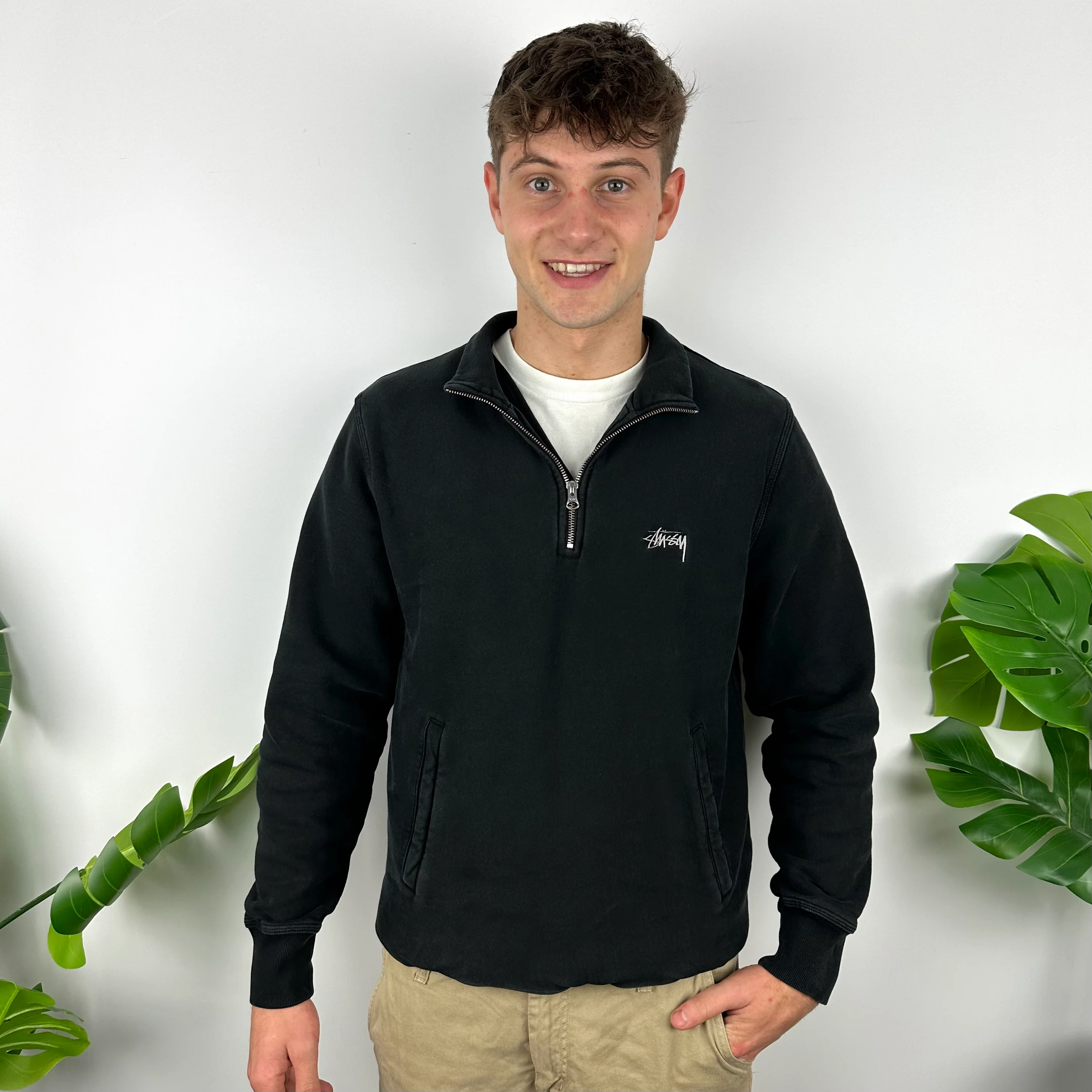 Stussy Black Embroidered Spell Out Quarter Zip Sweatshirt (M) - Image 2