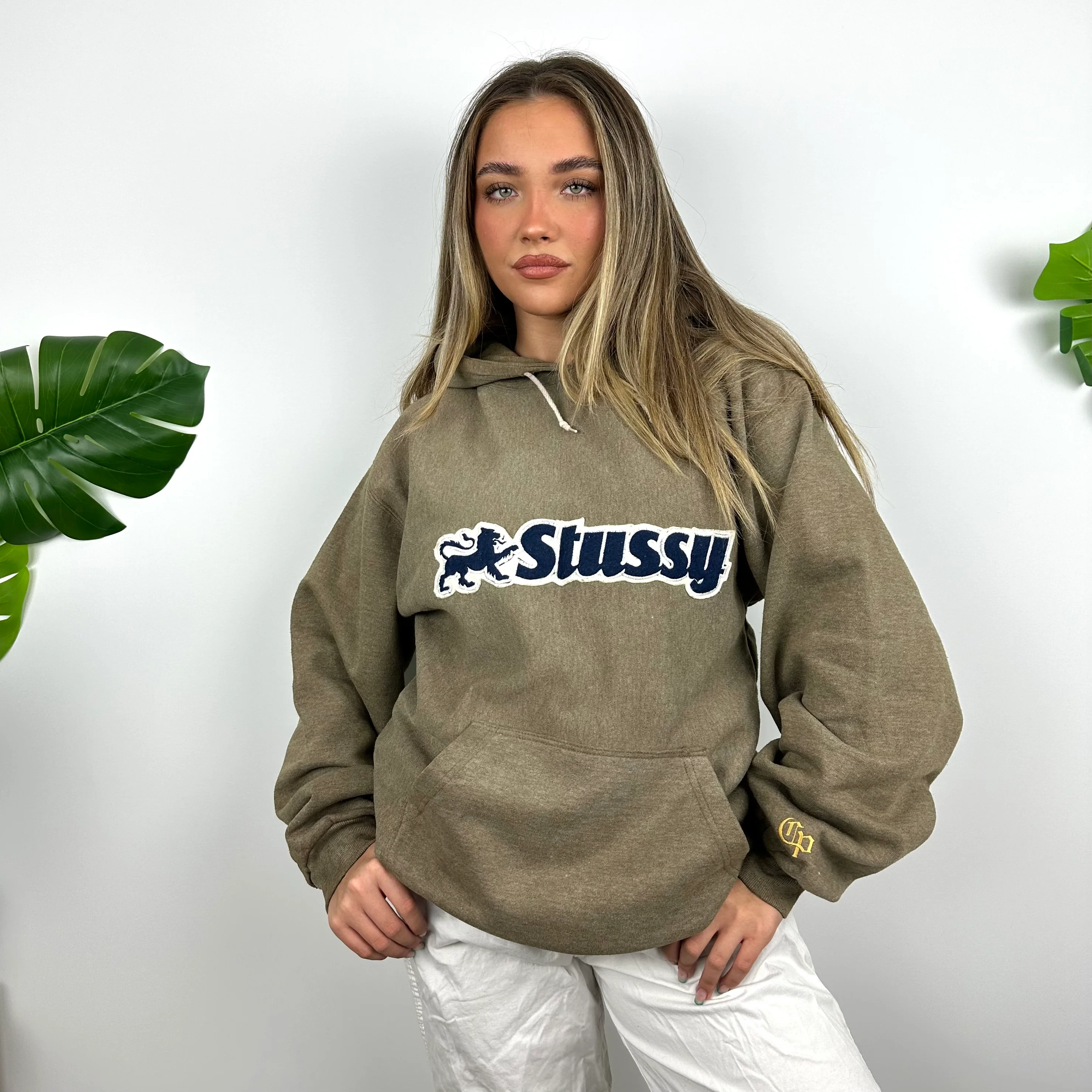 Stussy Brown Embroidered Spell Out Hoodie (M)