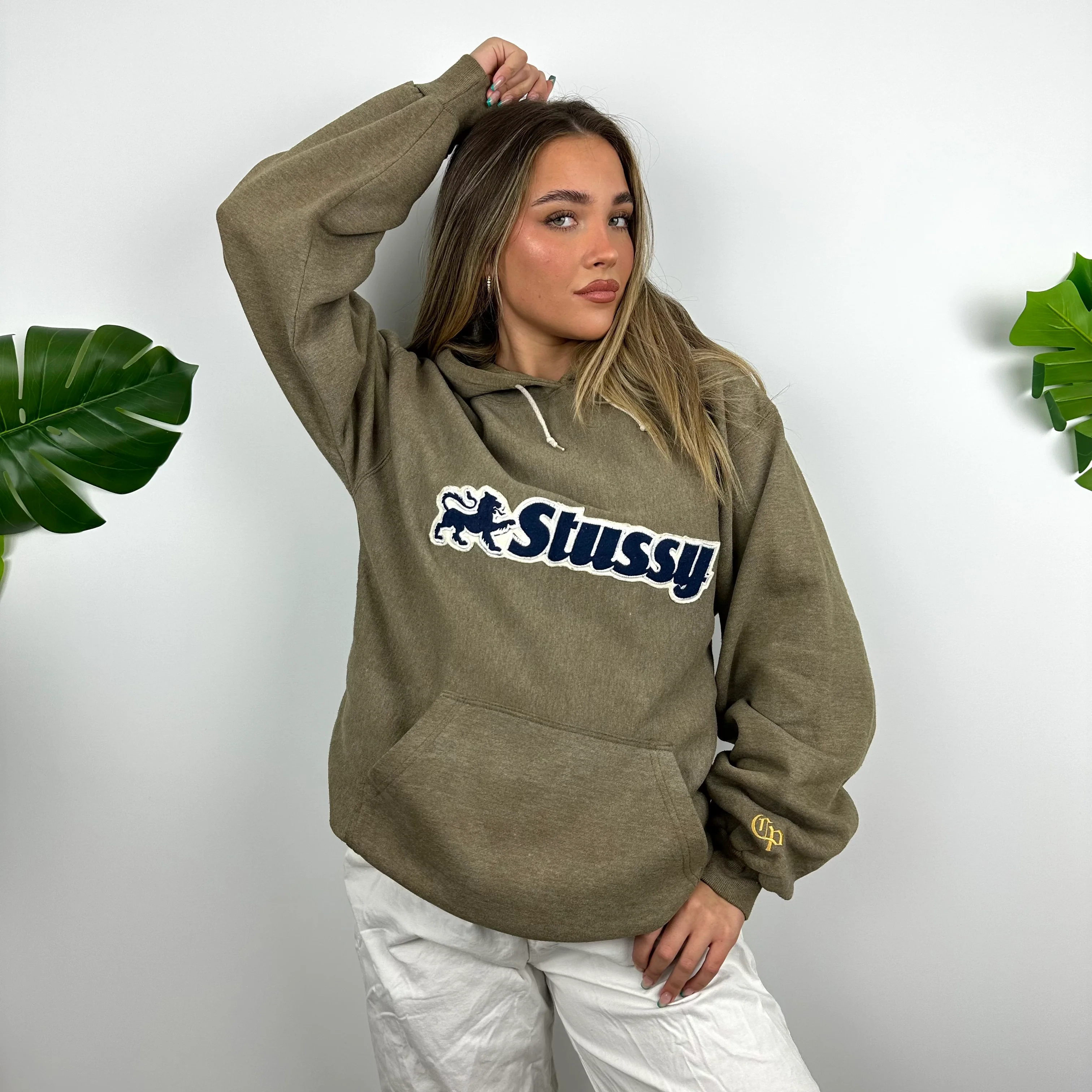Stussy Brown Embroidered Spell Out Hoodie (M) - Image 3