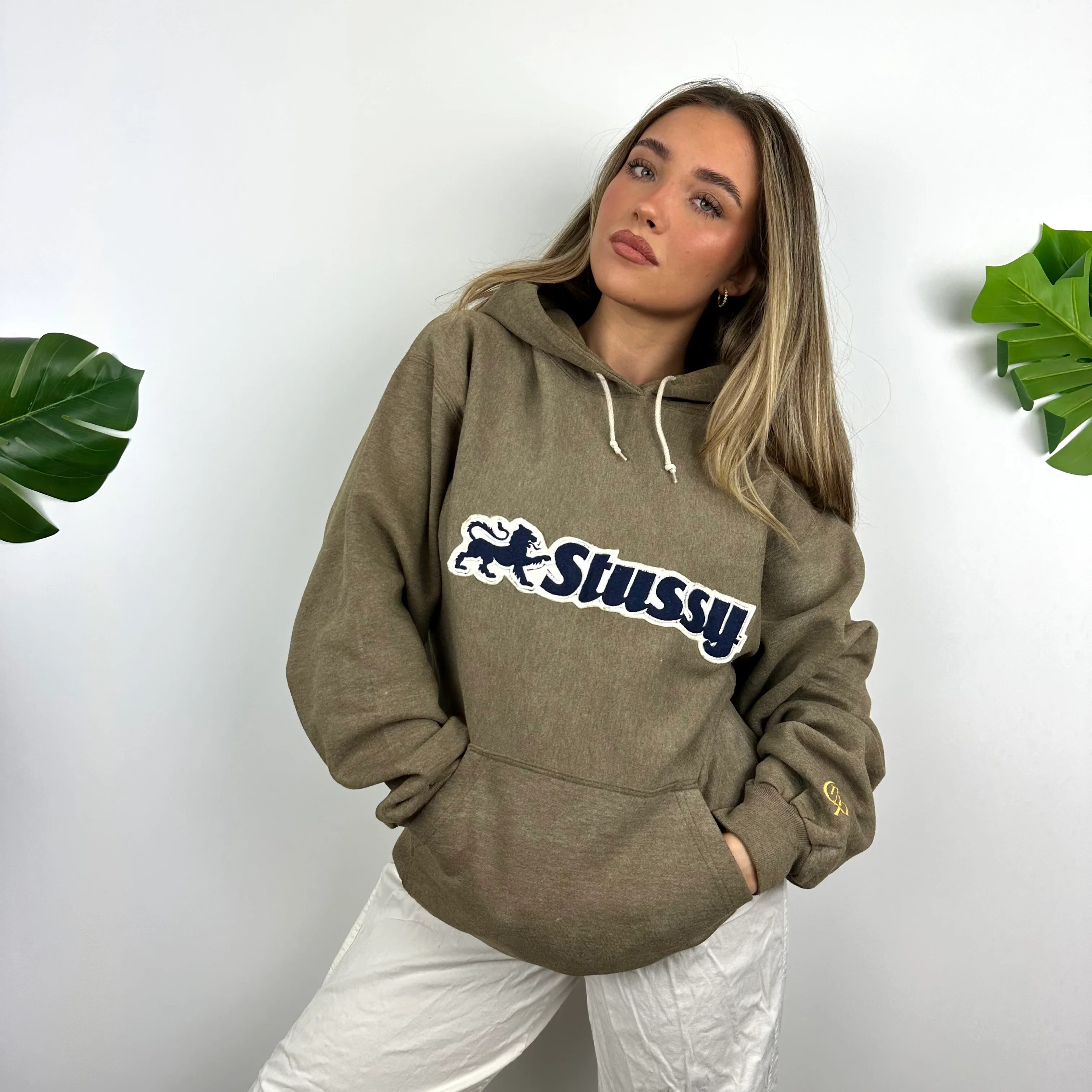 Stussy Brown Embroidered Spell Out Hoodie (M) - Image 6