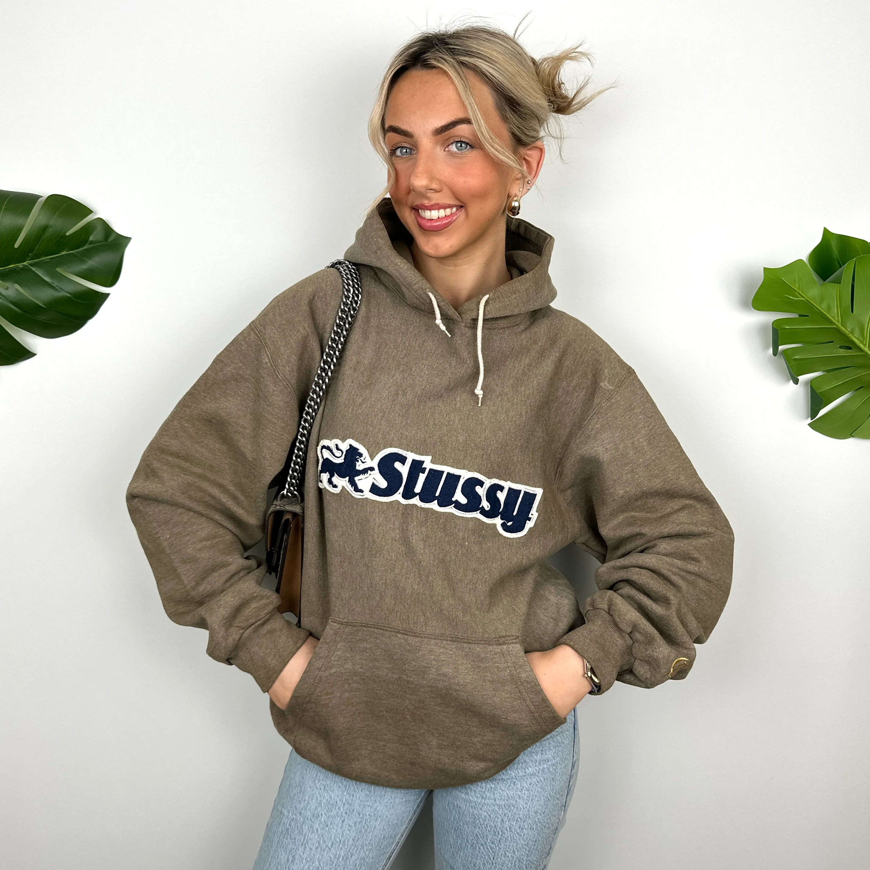 Stussy Brown Embroidered Spell Out Hoodie (M)