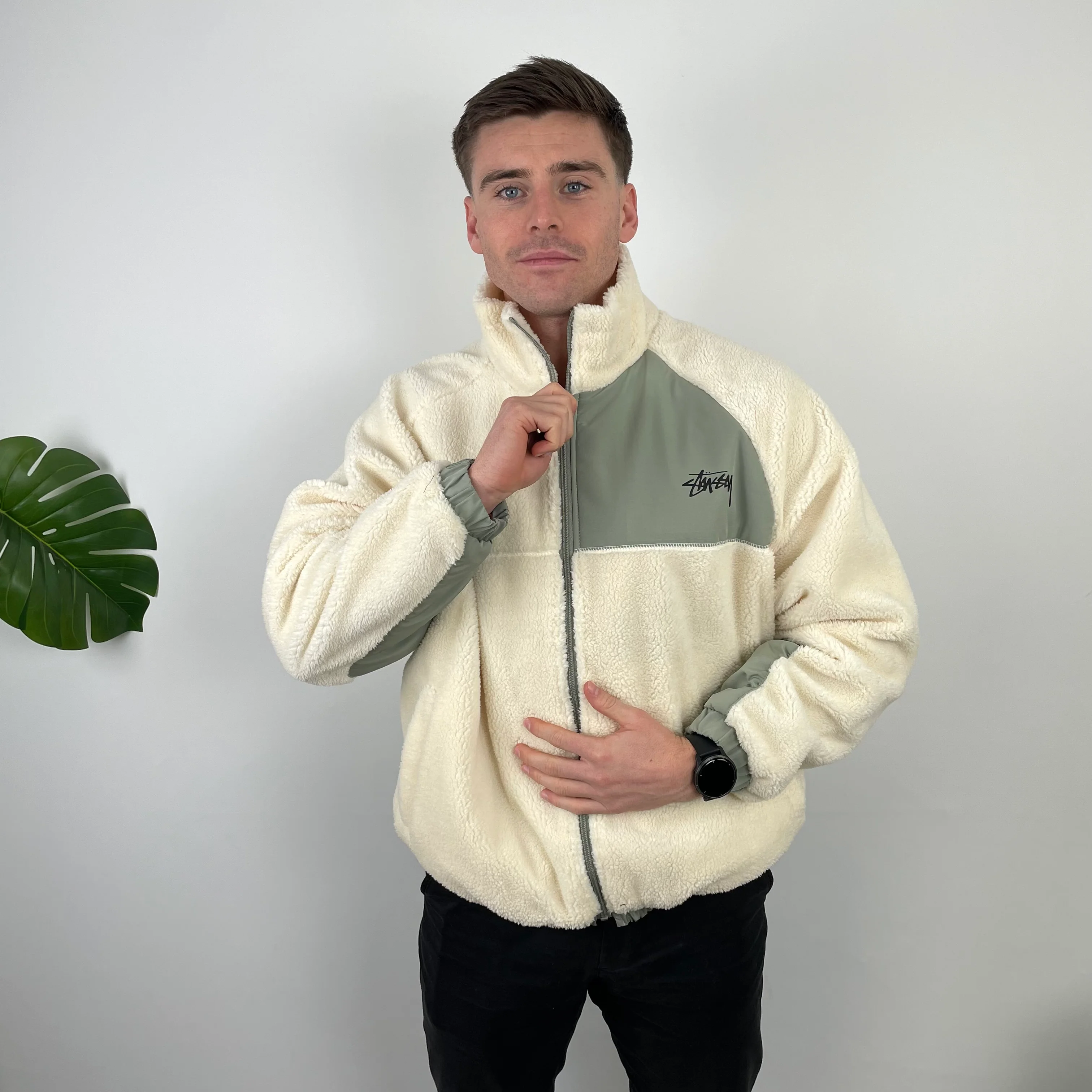 Stussy Cream Teddy Bear Sherpa Fleece Zip Up Jacket (L) - Image 2