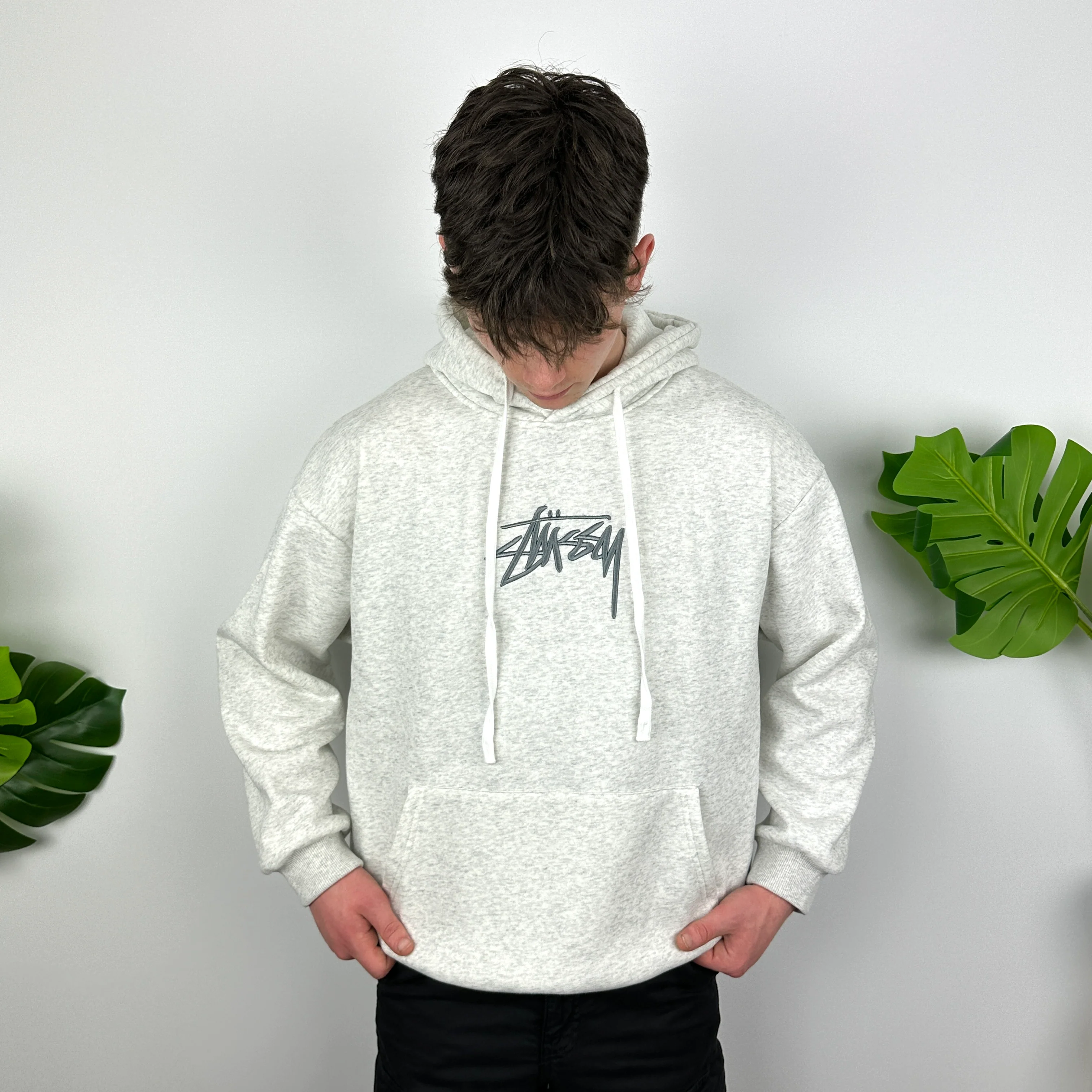 Stussy Grey Embroidered Spell Out Hoodie (L) - Image 2