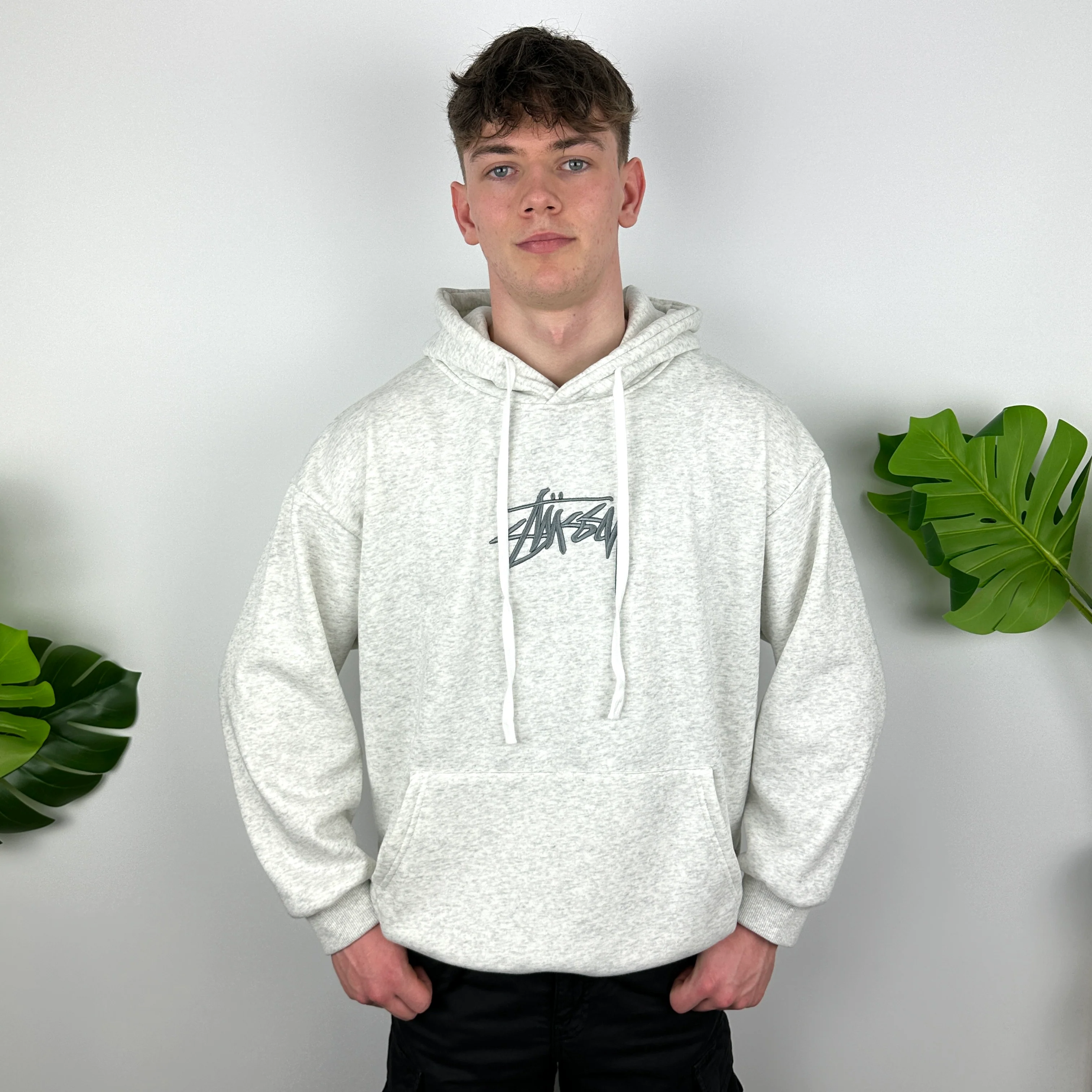 Stussy Grey Embroidered Spell Out Hoodie (L) - Image 5