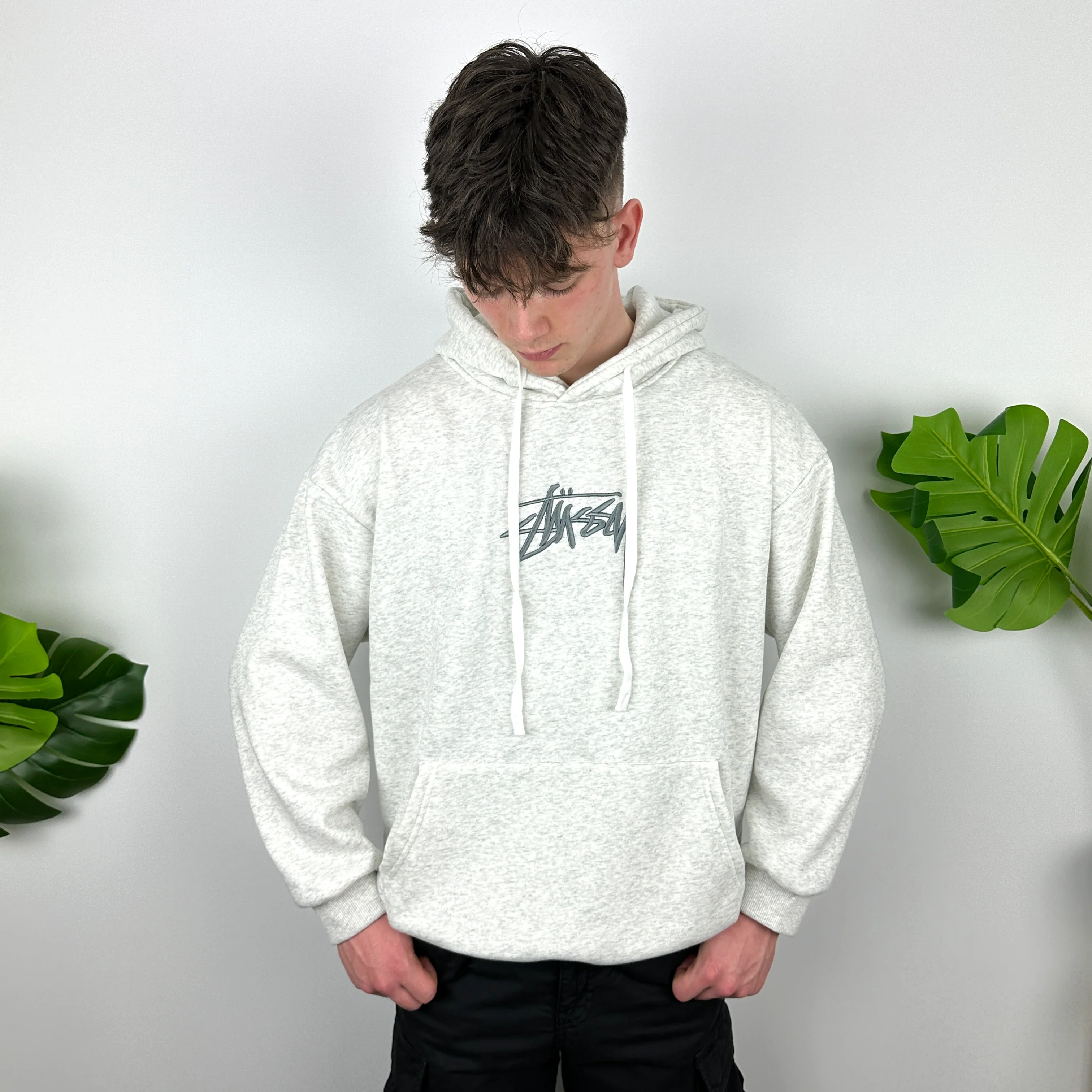 Stussy Grey Embroidered Spell Out Hoodie (L) - Image 6