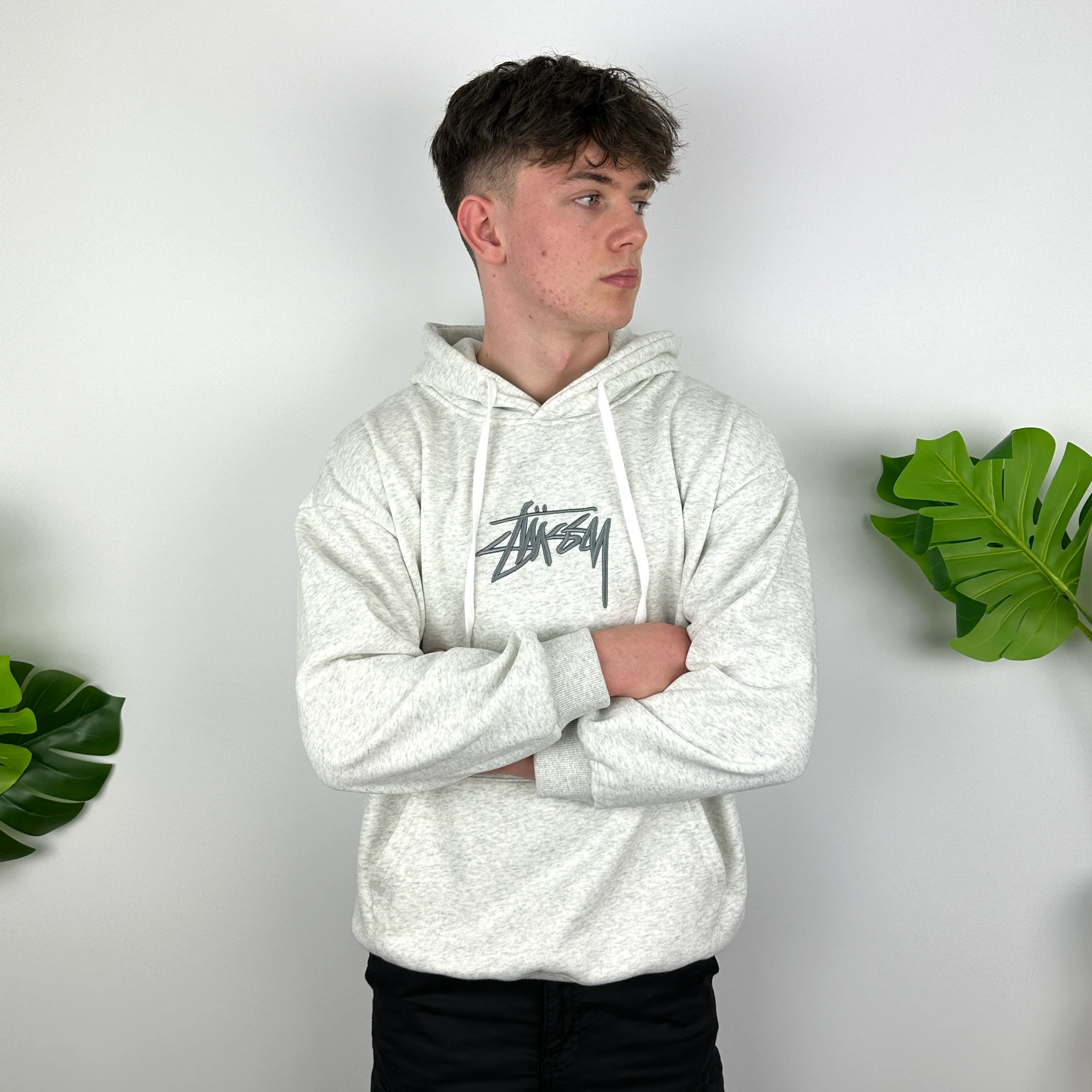 Stussy Grey Embroidered Spell Out Hoodie (L) - Image 8