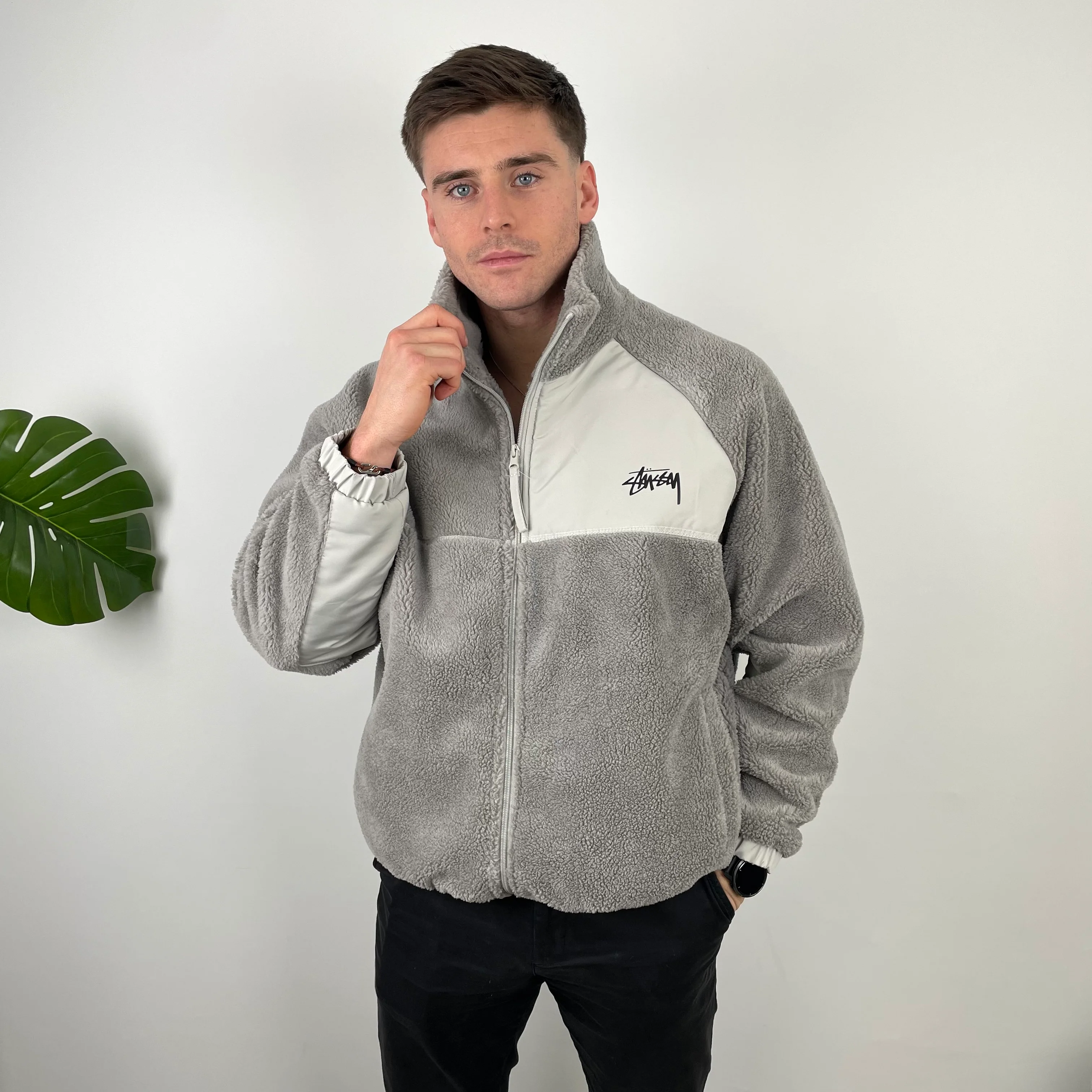 Stussy Grey Teddy Bear Sherpa Fleece Zip Up Jacket (L)