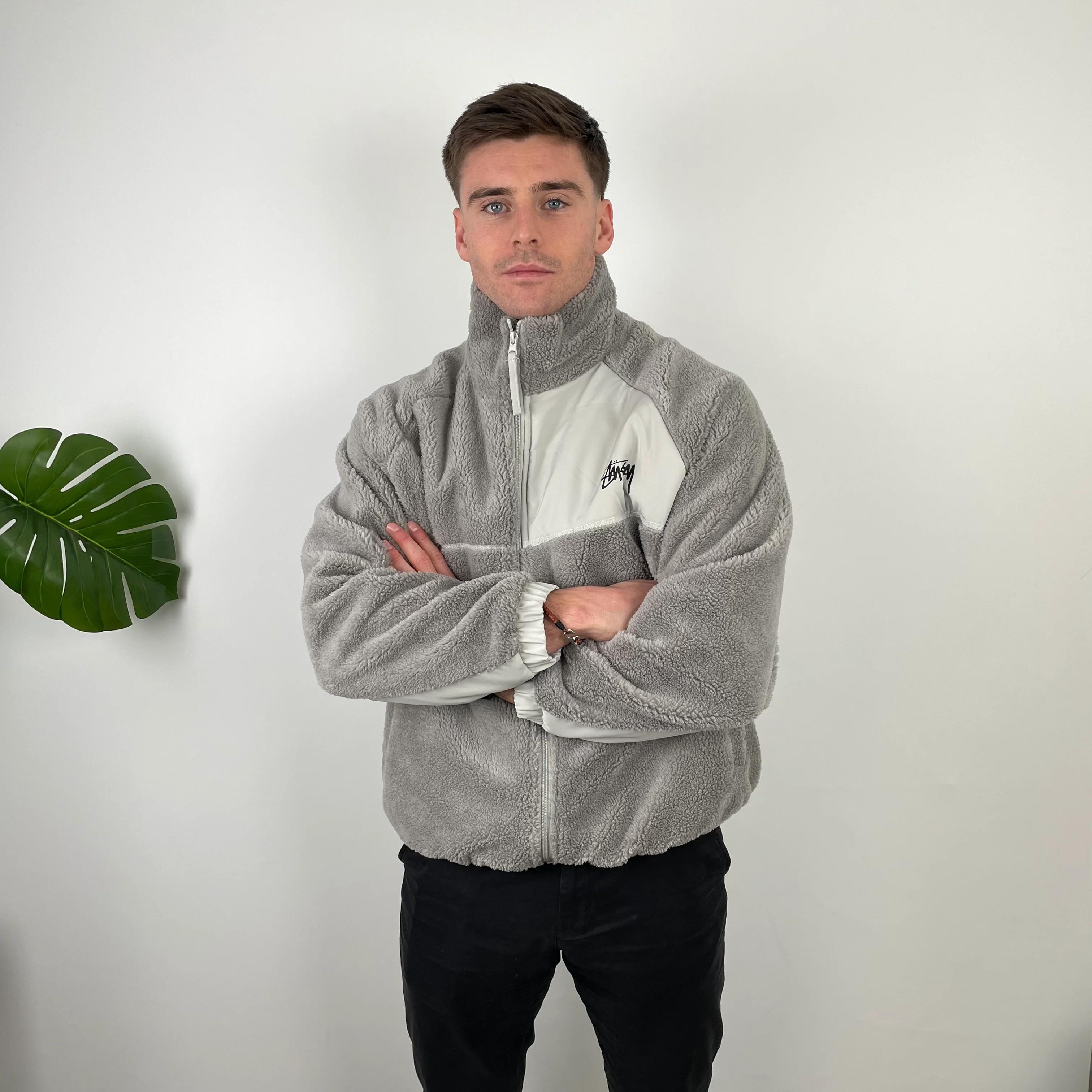 Stussy Grey Teddy Bear Sherpa Fleece Zip Up Jacket (L) - Image 2