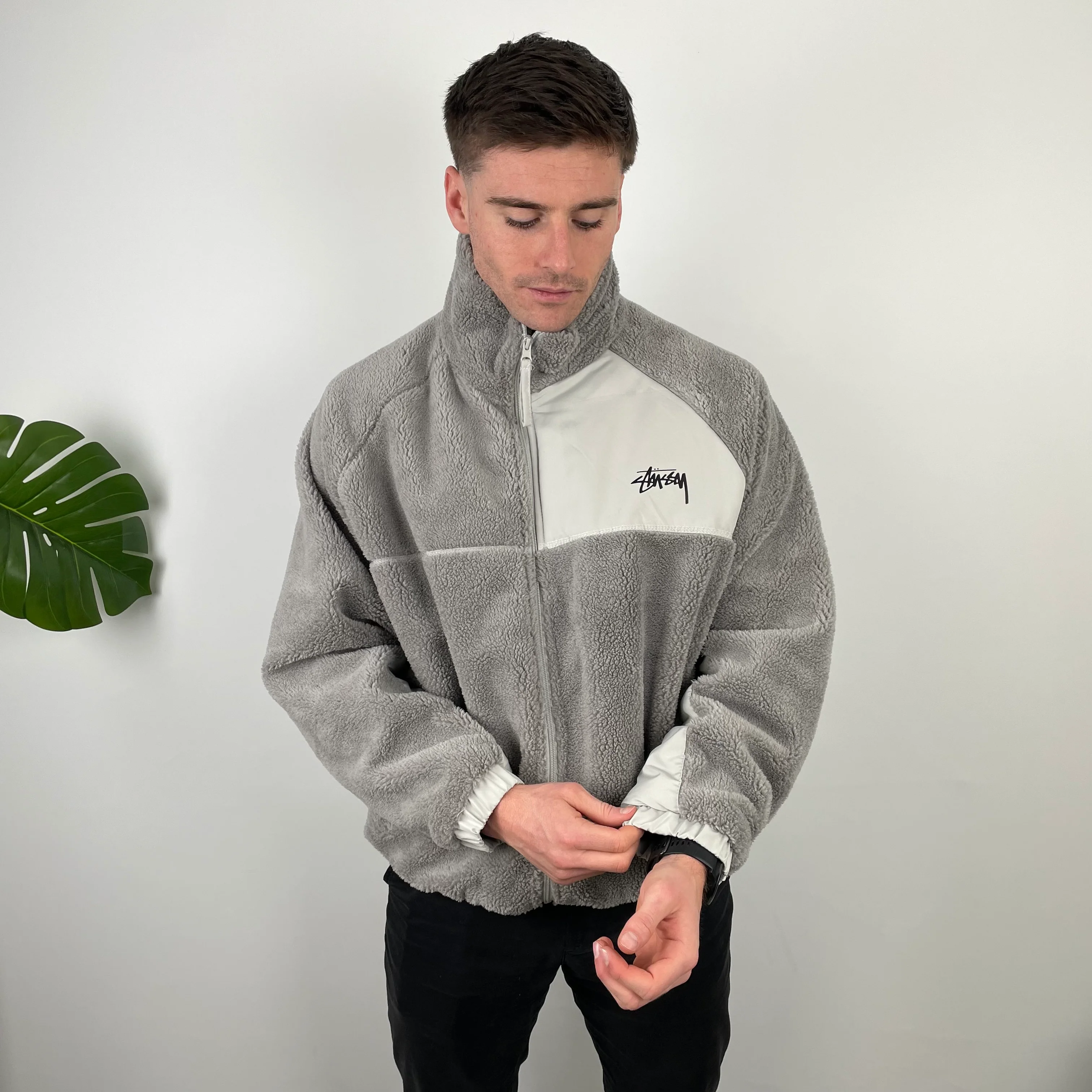 Stussy Grey Teddy Bear Sherpa Fleece Zip Up Jacket (L) - Image 5