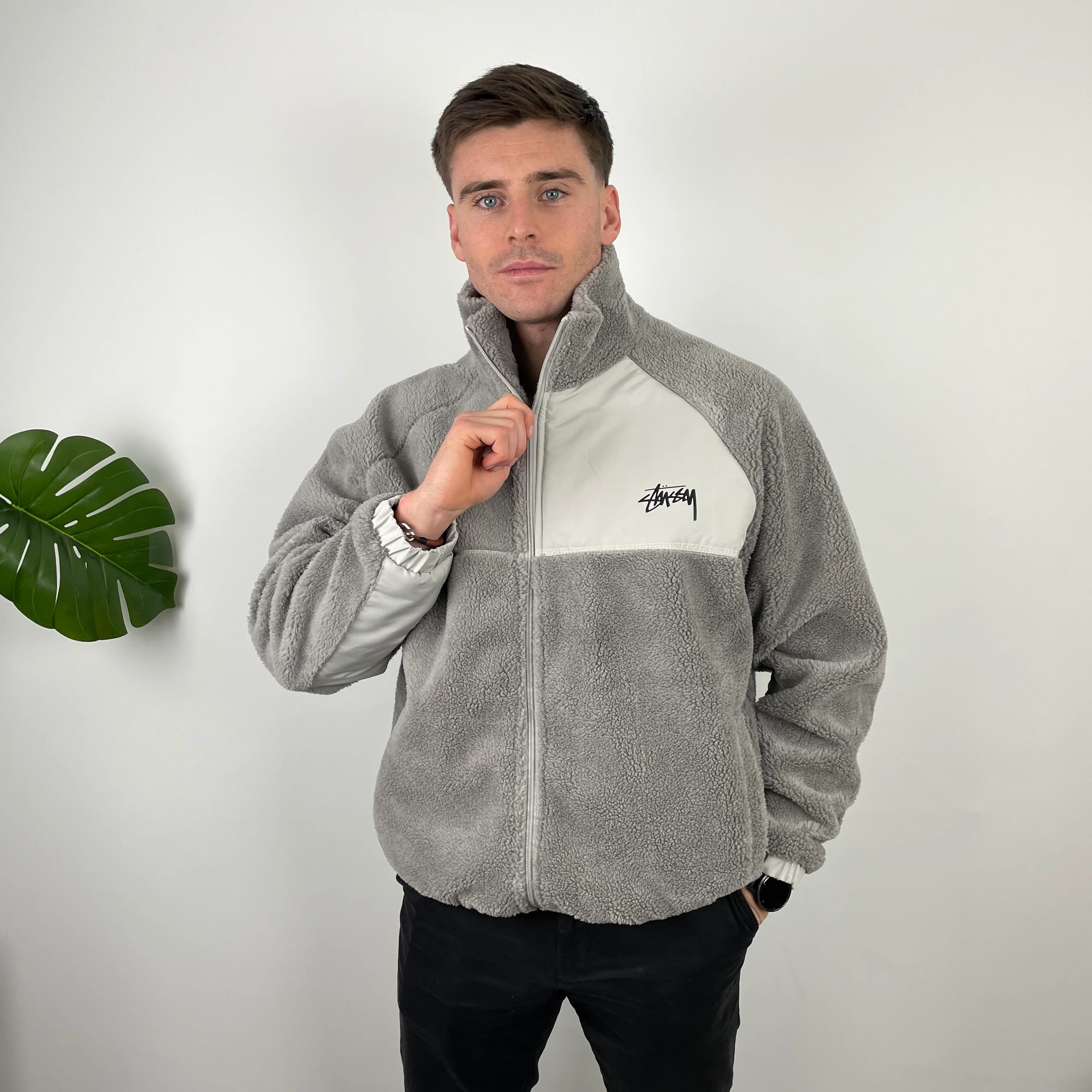 Stussy Grey Teddy Bear Sherpa Fleece Zip Up Jacket (L) - Image 6