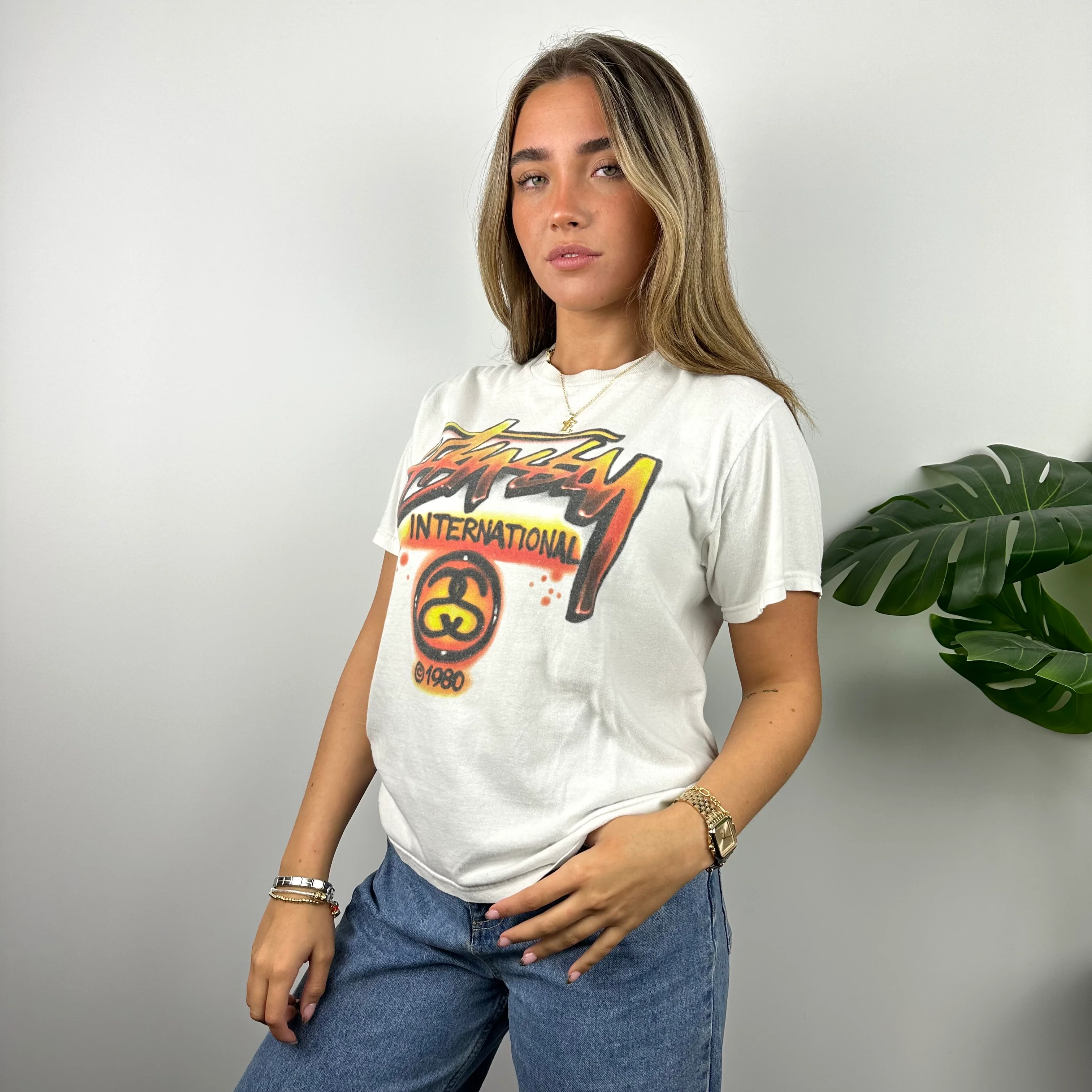 Stussy International RARE White Spell Out T Shirt (S) - Image 5