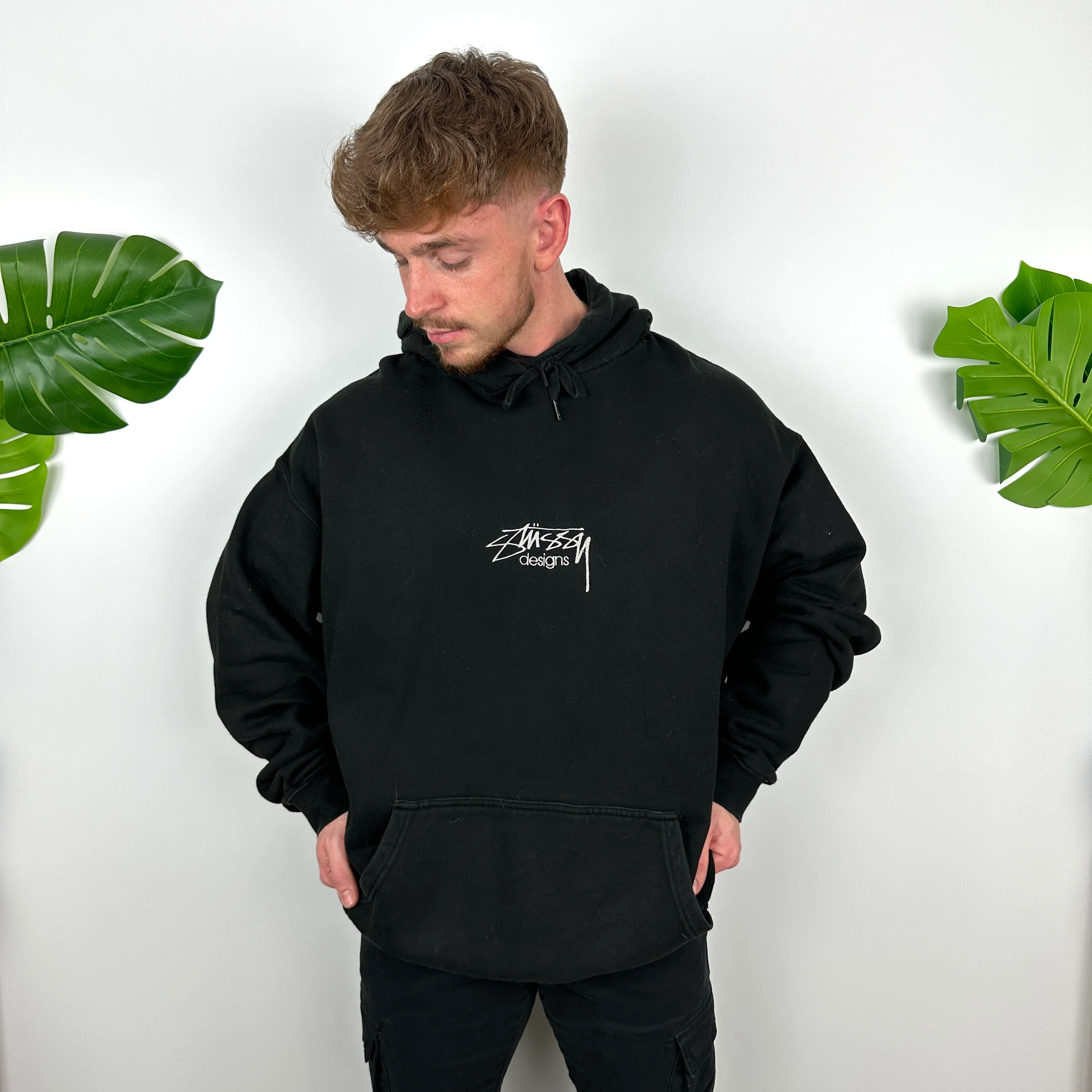 Stussy RARE Black Embroidered Spell Out Hoodie (XL) - Image 3