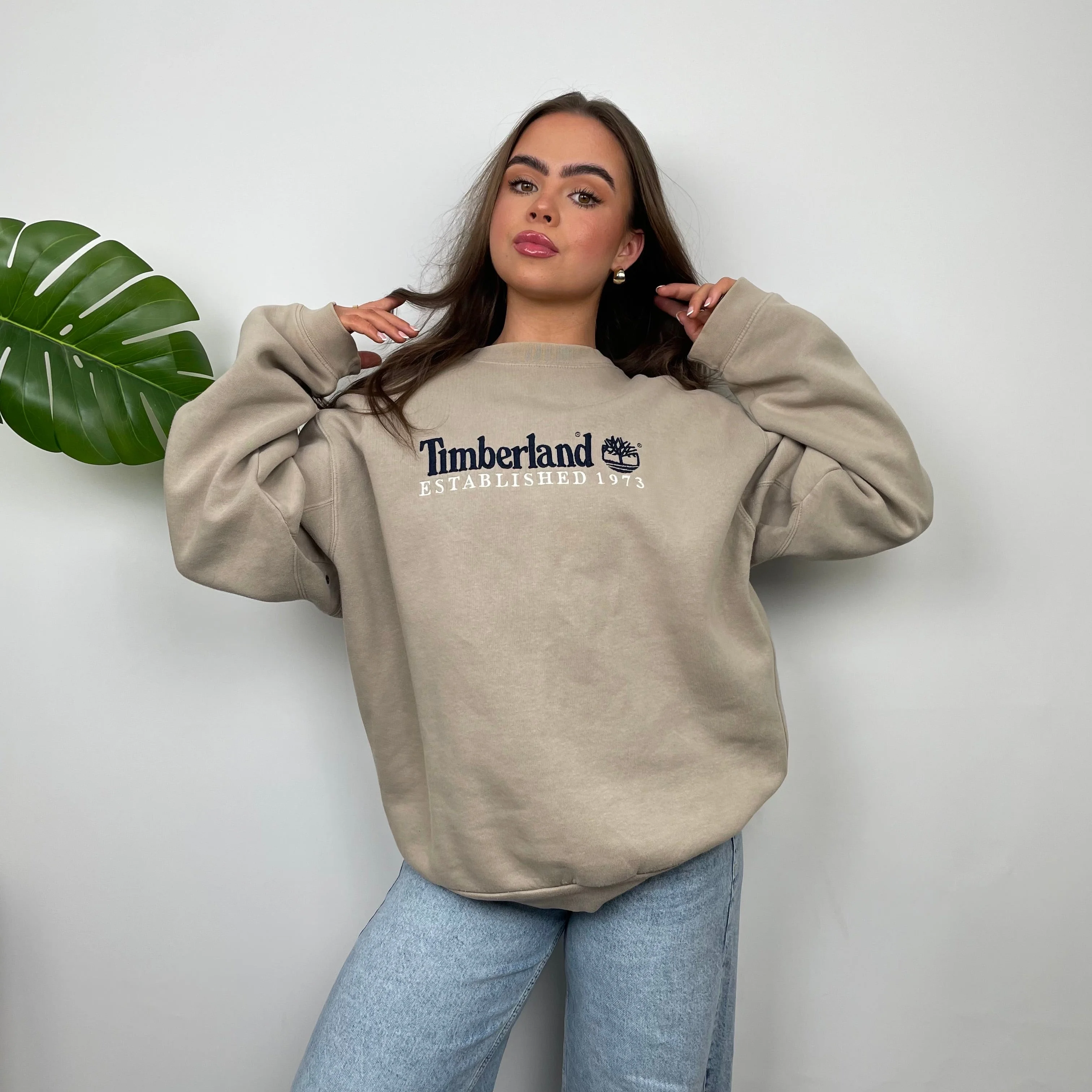 Timberland Beige Embroidered Spell Out Sweatshirt (L) - Image 3