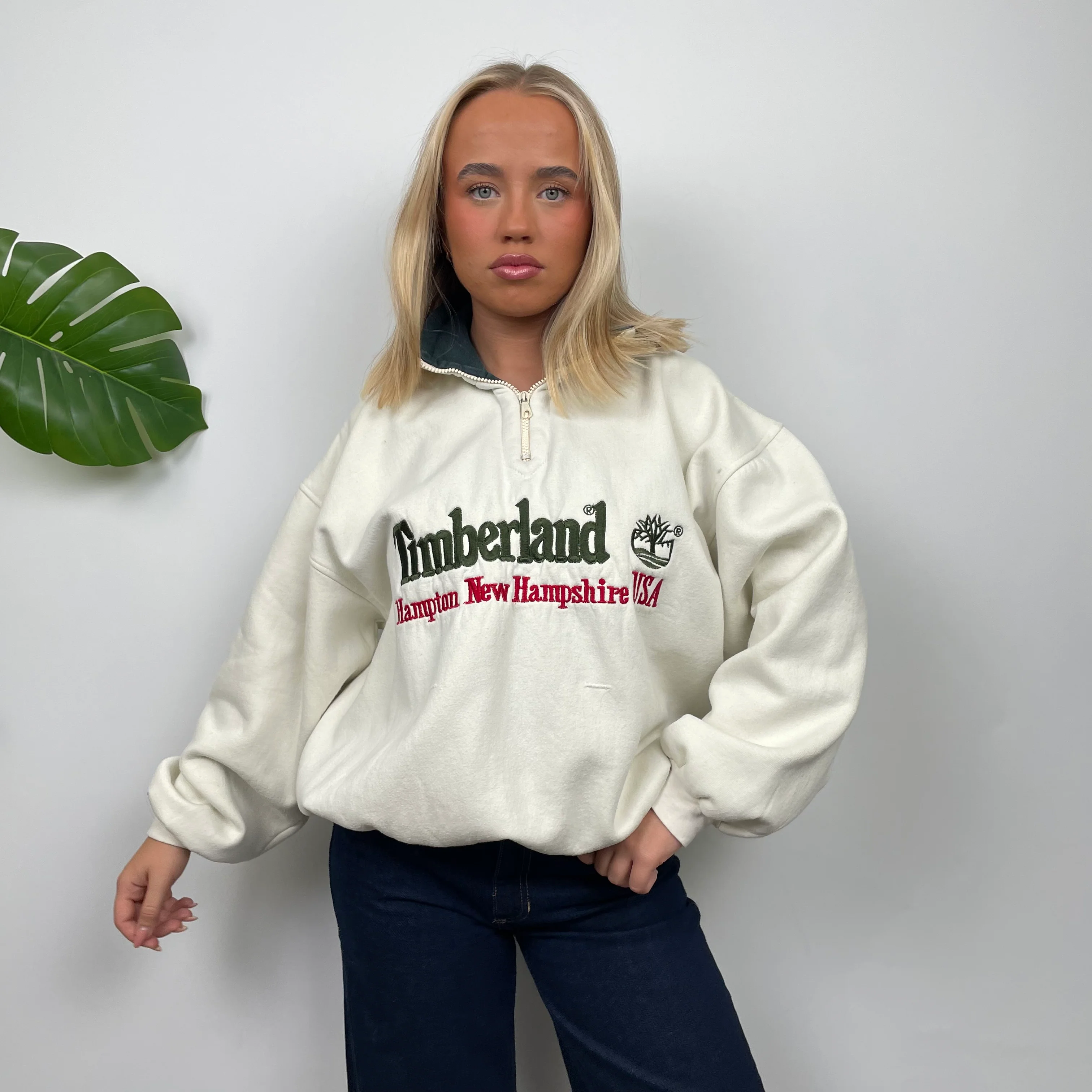 Timberland Cream Embroidered Spell Out Quarter Zip Sweatshirt (M) - Image 7