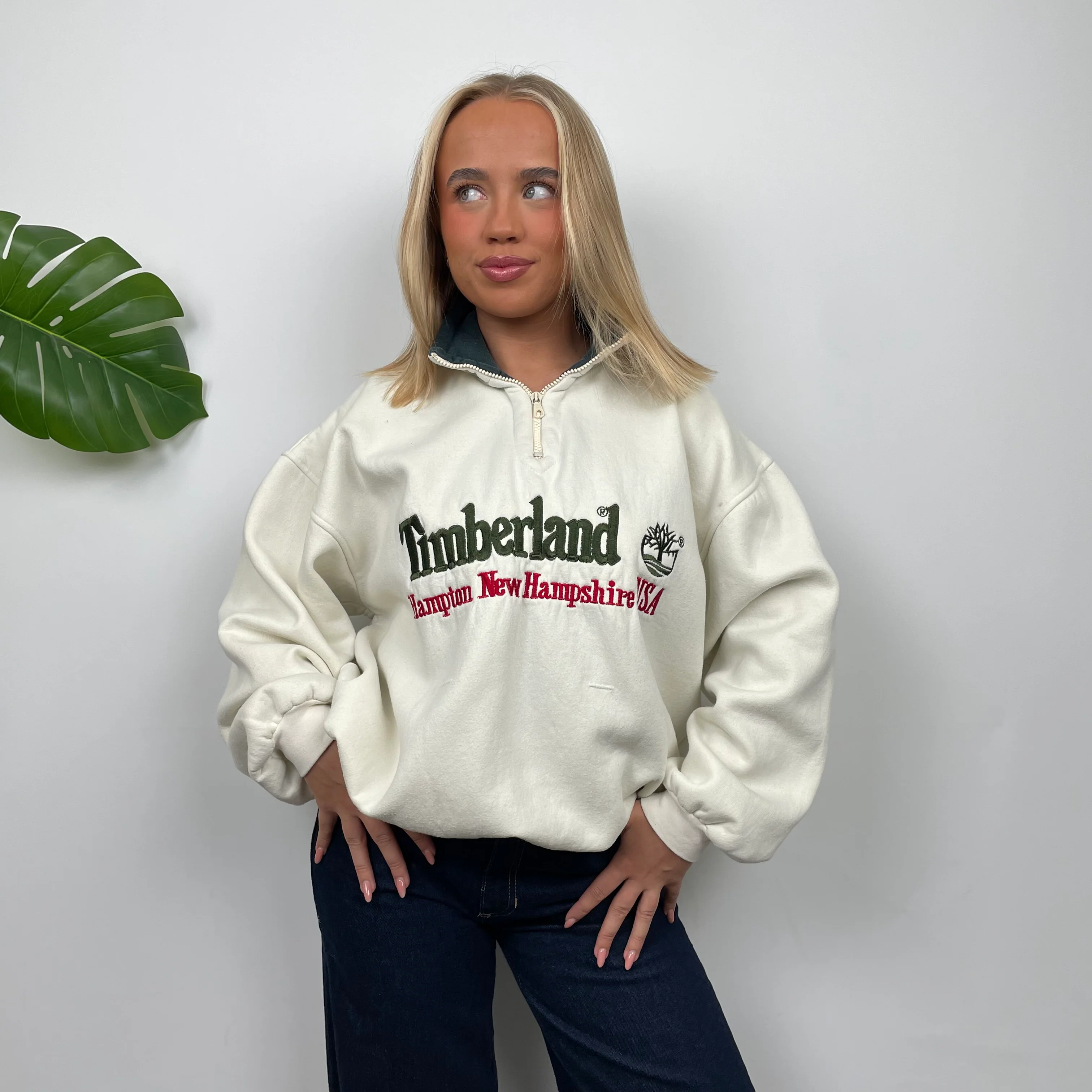 Timberland Cream Embroidered Spell Out Quarter Zip Sweatshirt (M) - Image 8