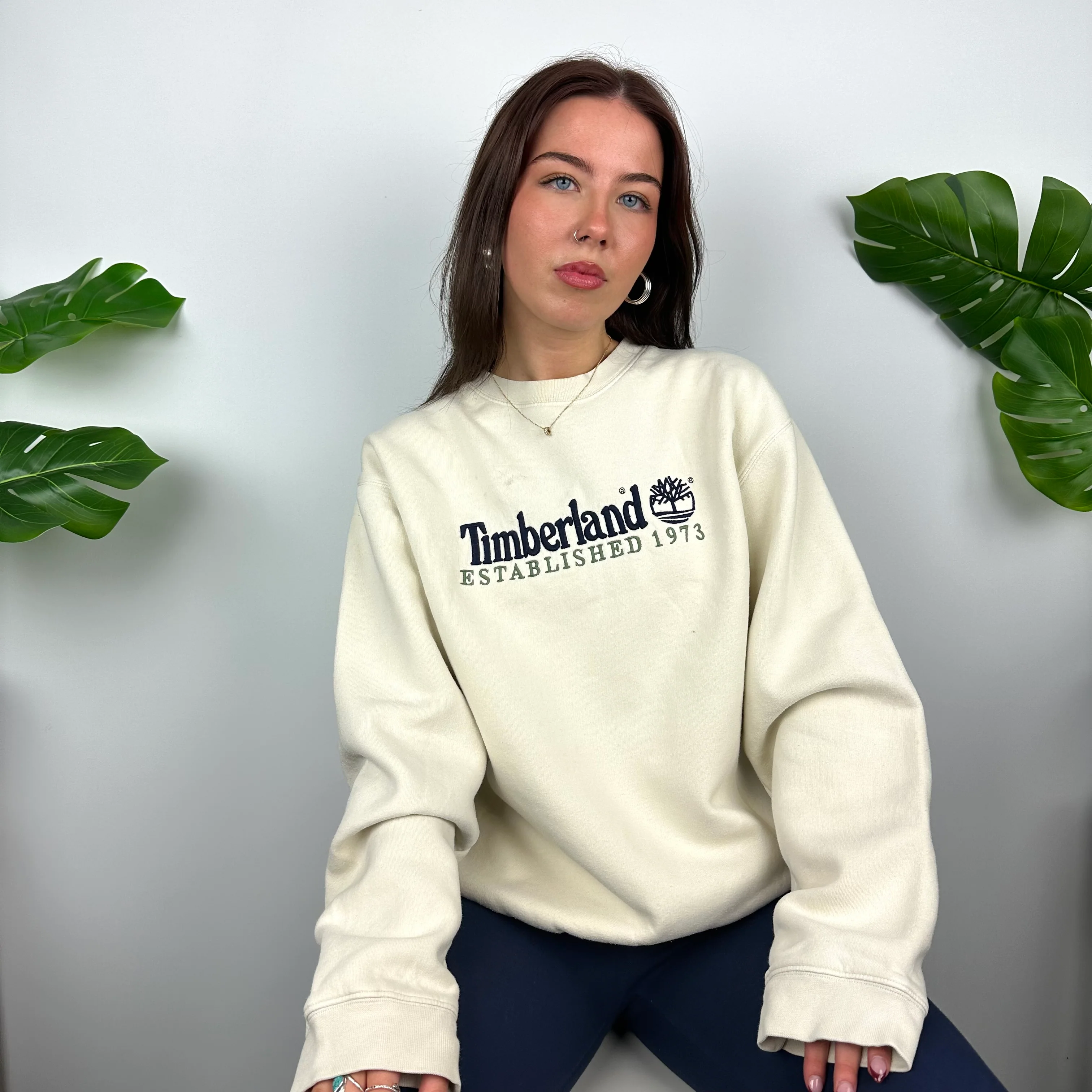 Timberland Cream Embroidered Spell Out Sweatshirt (M) - Image 2