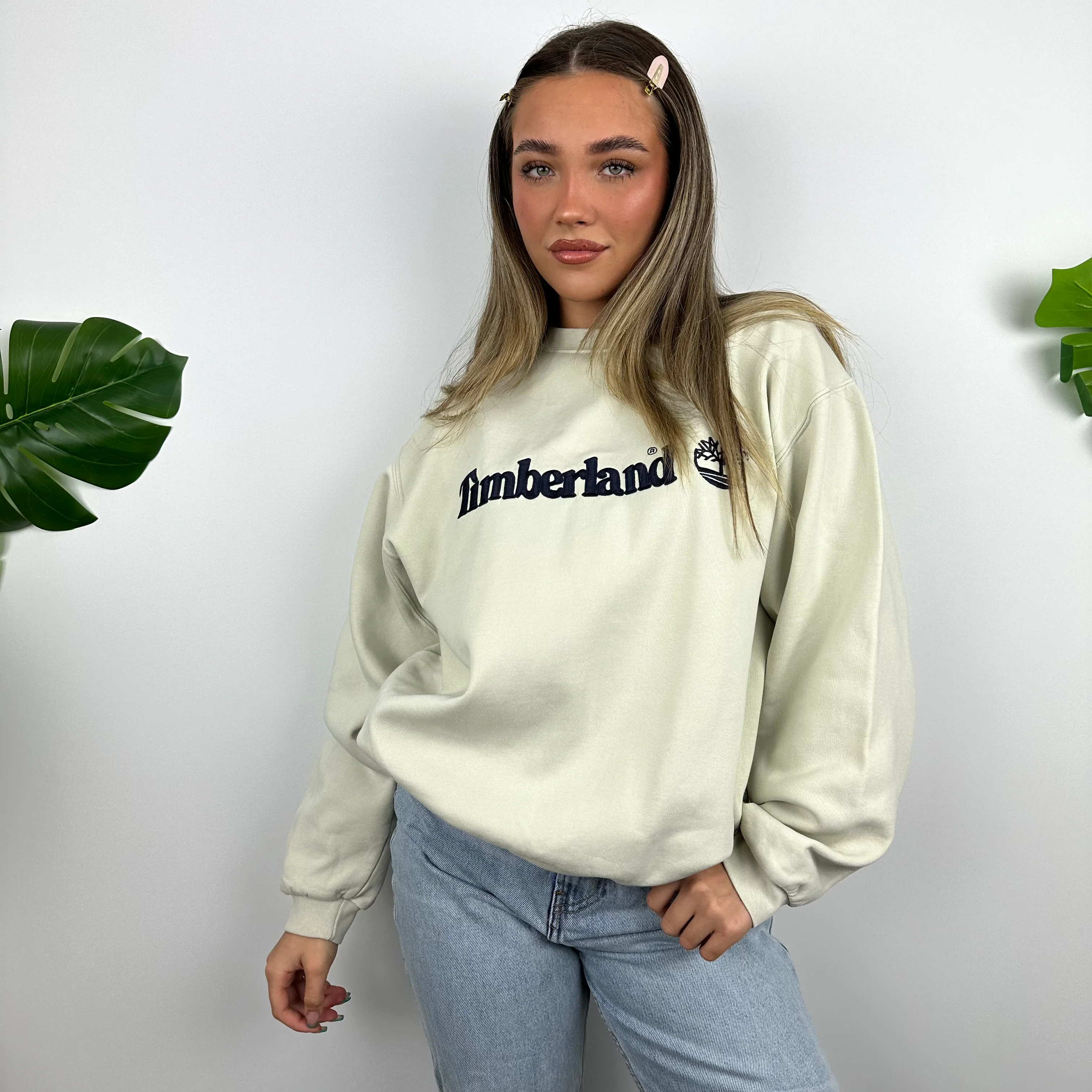 Timberland Cream Embroidered Spell Out Sweatshirt (M) - Image 3