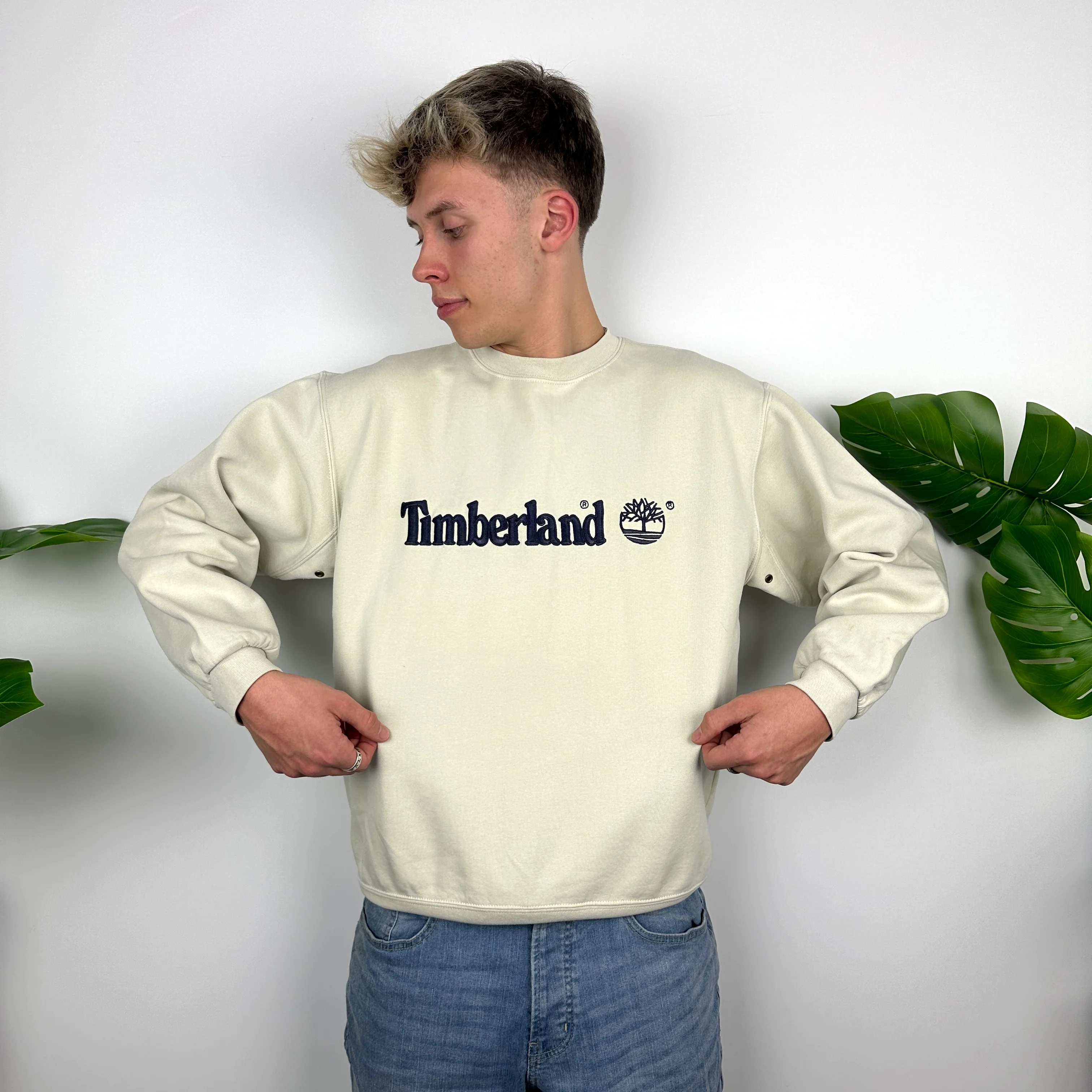 Timberland Cream Embroidered Spell Out Sweatshirt (M) - Image 3