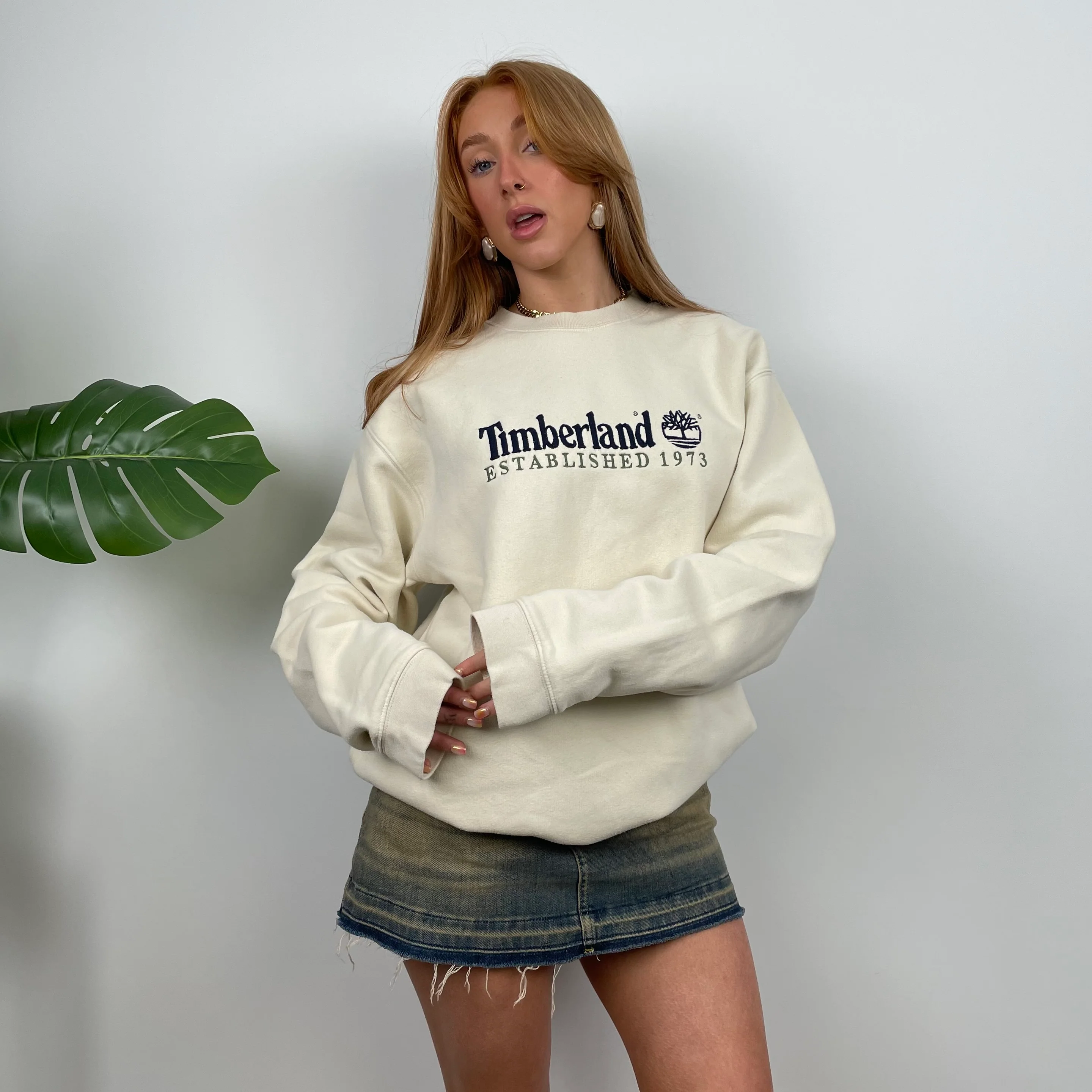 Timberland Cream Embroidered Spell Out Sweatshirt (L) - Image 3