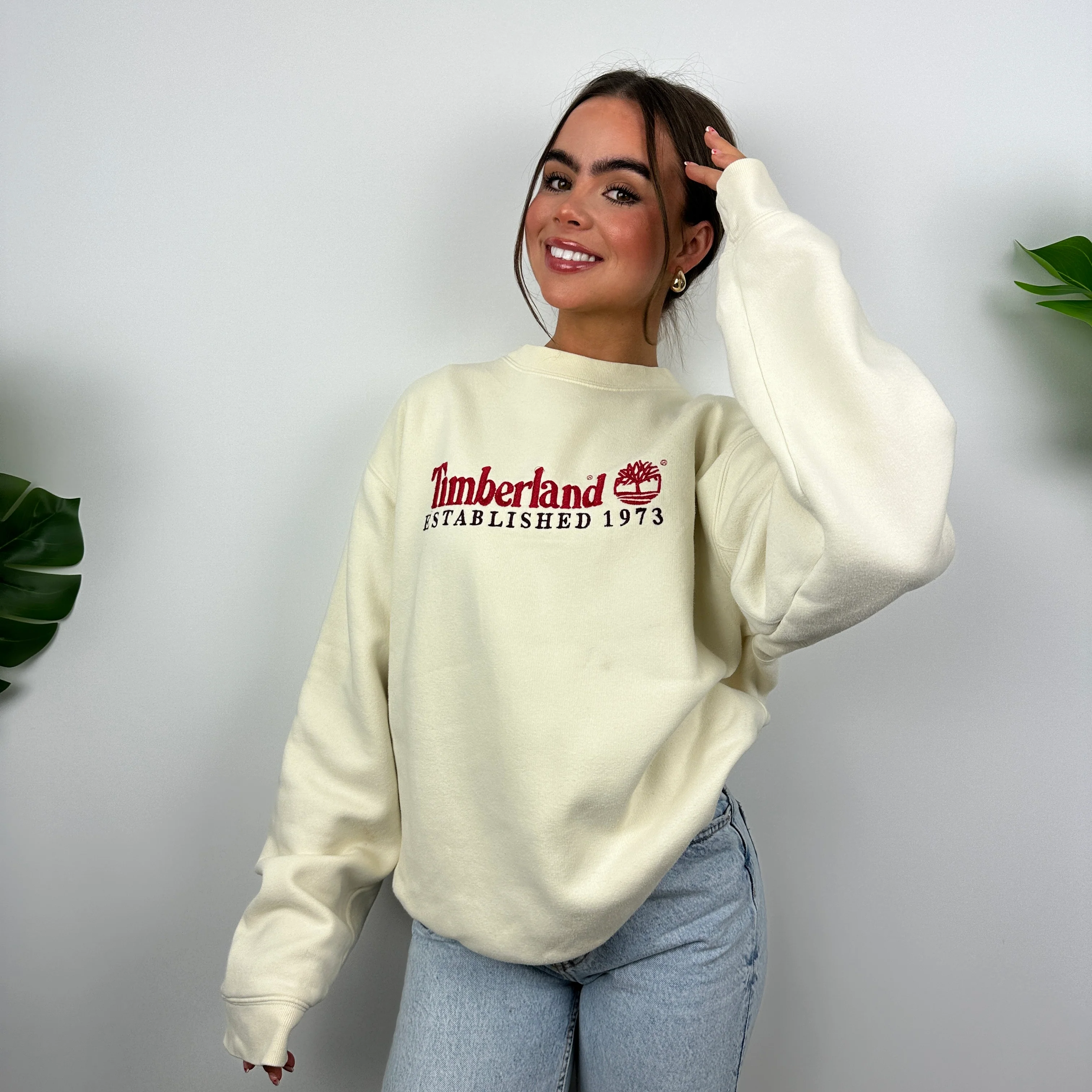 Timberland Cream Embroidered Spell Out Sweatshirt (M) - Image 2