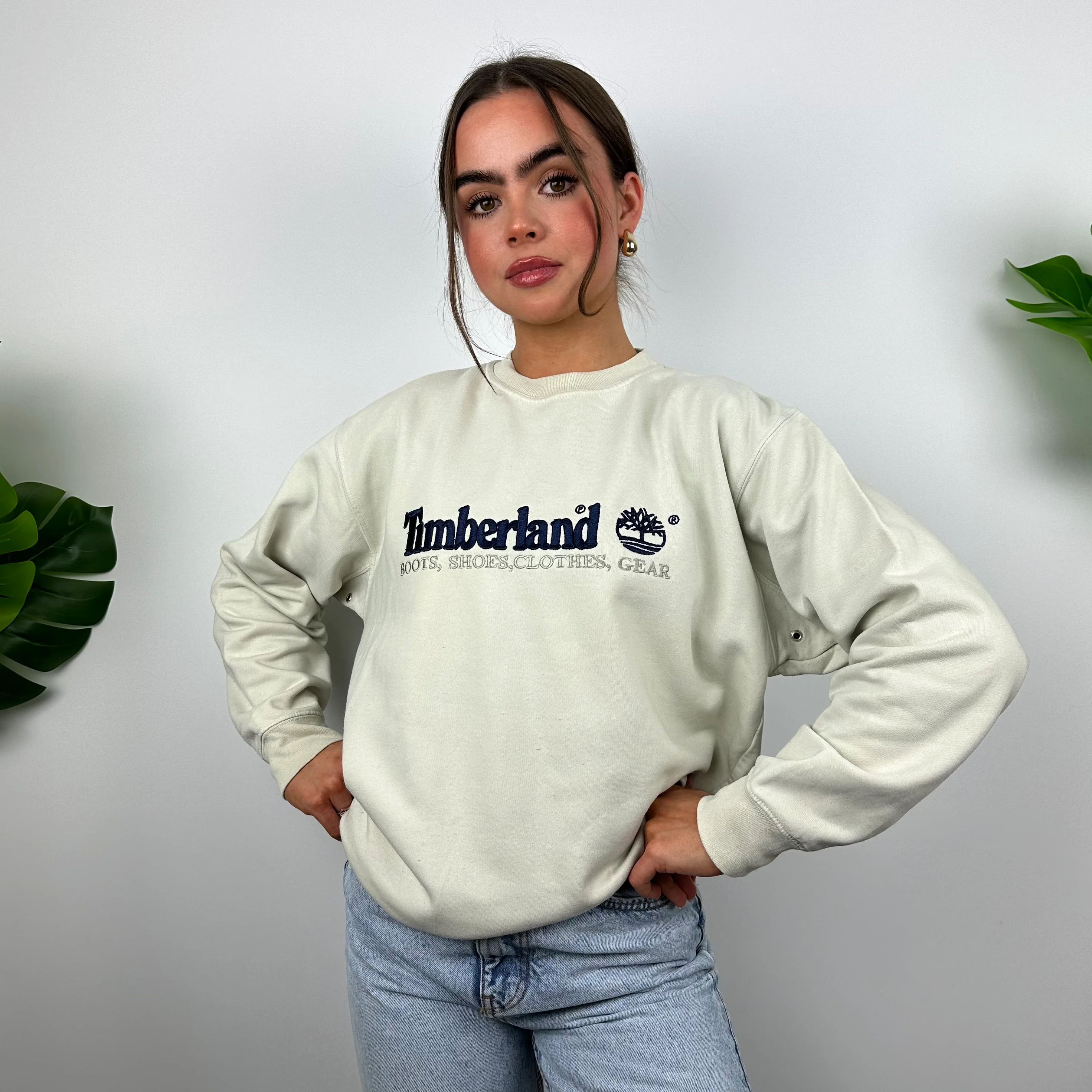 Timberland Cream Embroidered Spell Out Sweatshirt (M) - Image 3