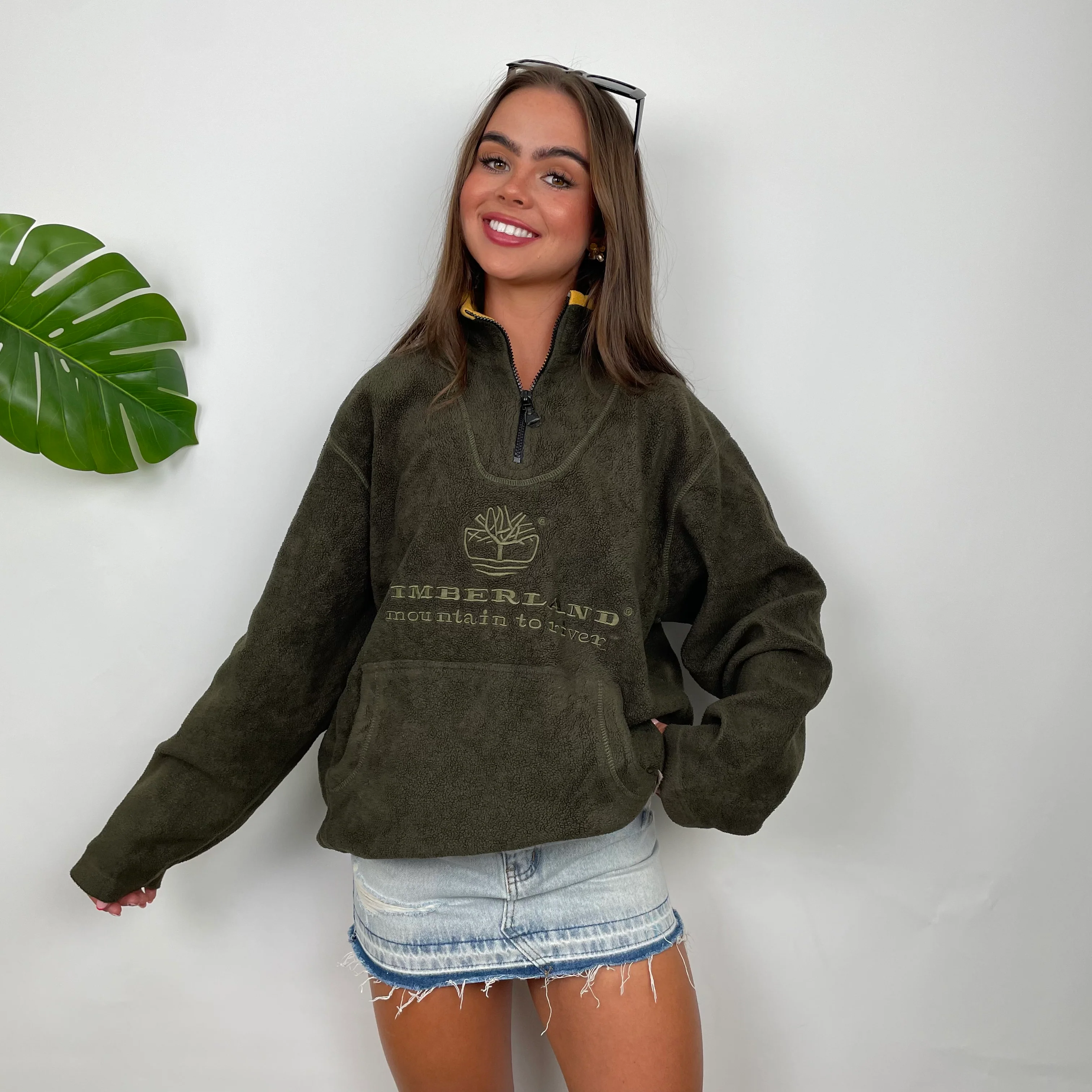 Timberland Green Embroidered Spell Out Teddy Bear Fleece Quarter Zip Sweatshirt (M) - Image 5