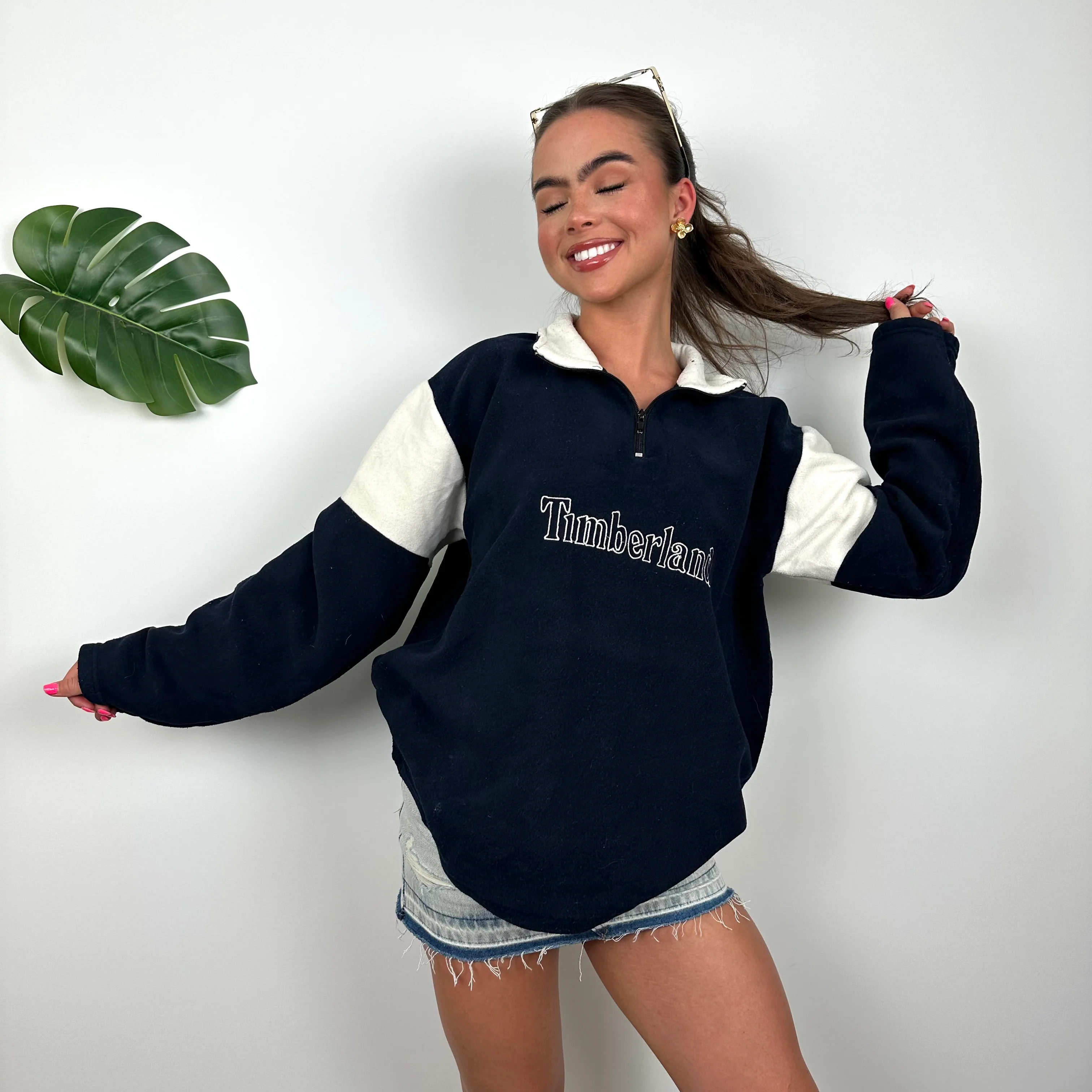 Timberland Navy Embroidered Spell Out Teddy Bear Fleece Quarter Zip Sweatshirt (M)