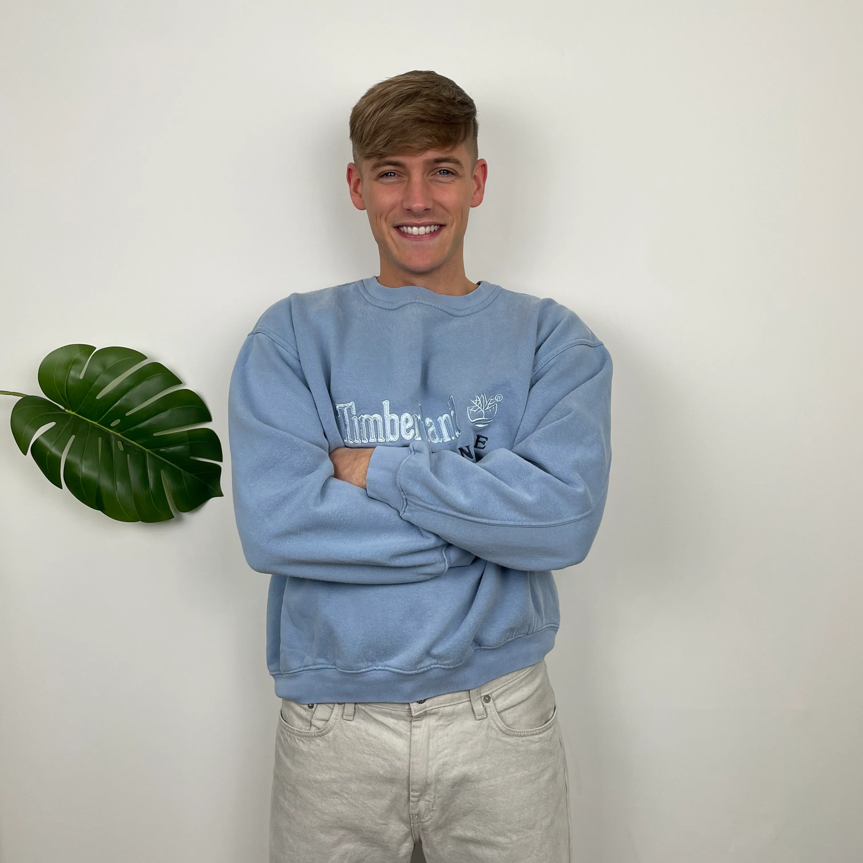 Timberland RARE Baby Blue Embroidered Spell Out Sweatshirt (M) - Image 2