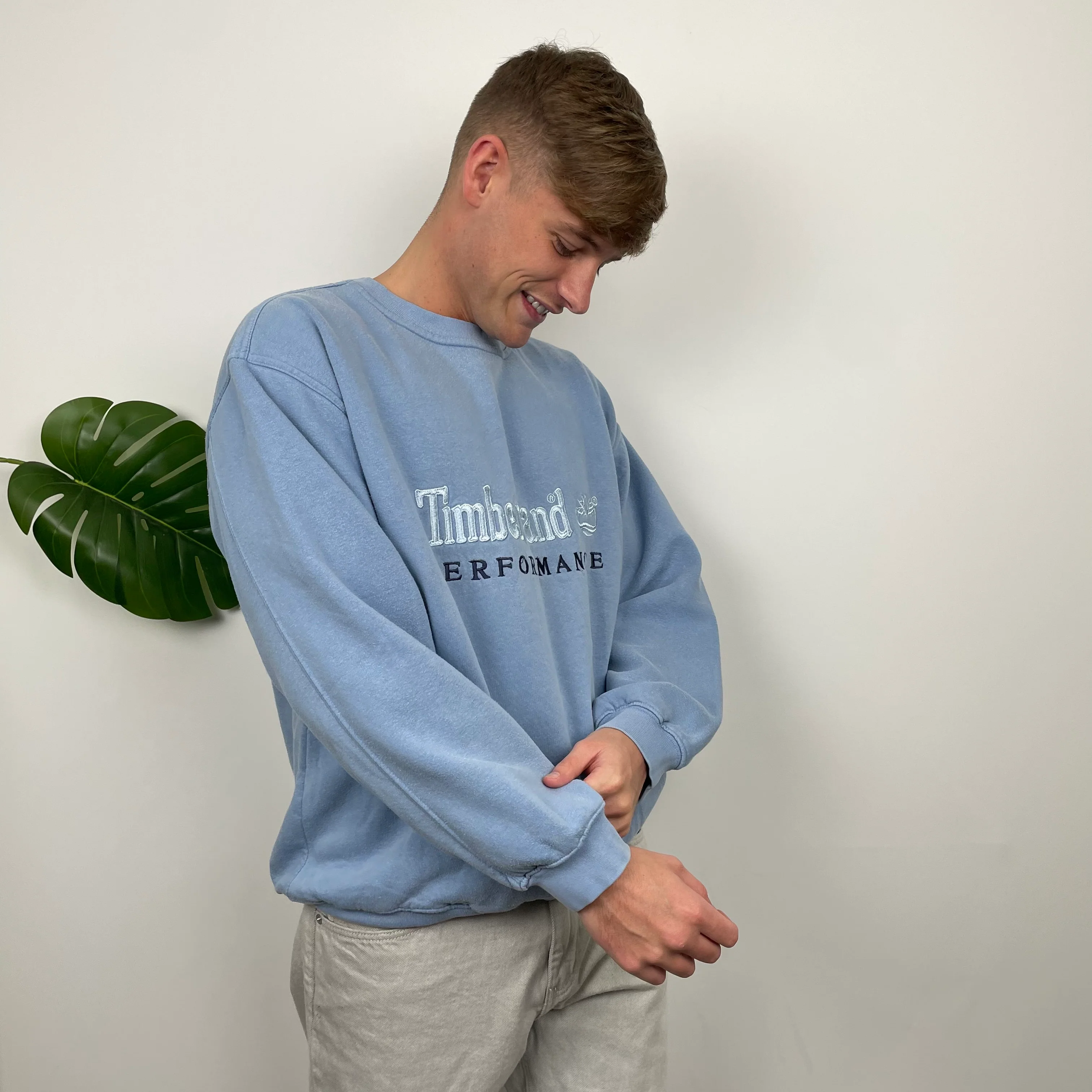 Timberland RARE Baby Blue Embroidered Spell Out Sweatshirt (M) - Image 3