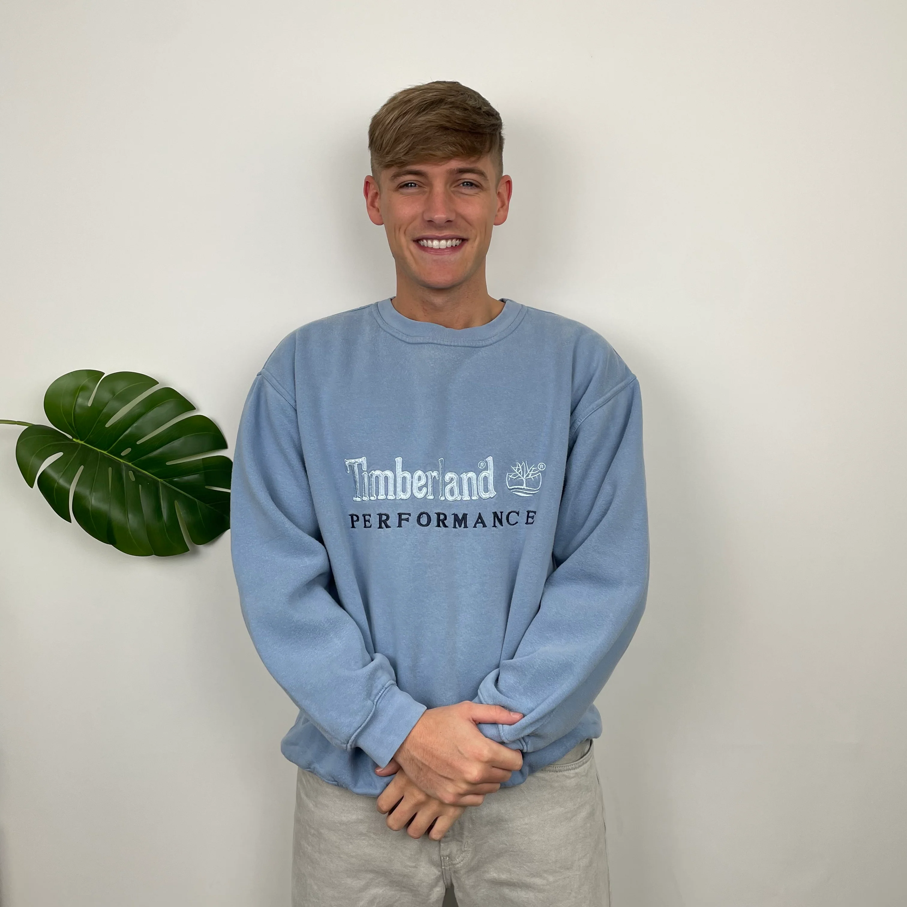 Timberland RARE Baby Blue Embroidered Spell Out Sweatshirt (M) - Image 4
