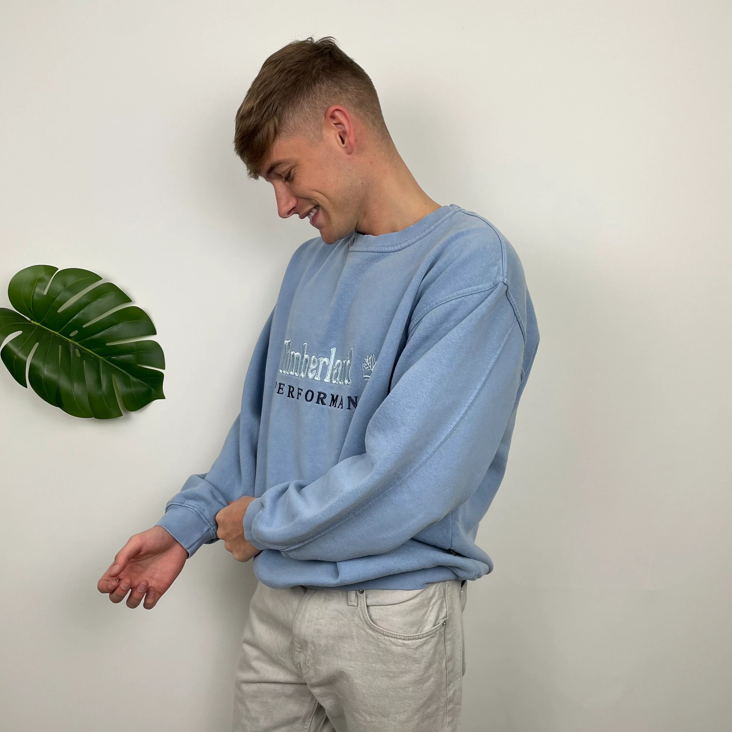 Timberland RARE Baby Blue Embroidered Spell Out Sweatshirt (M) - Image 5