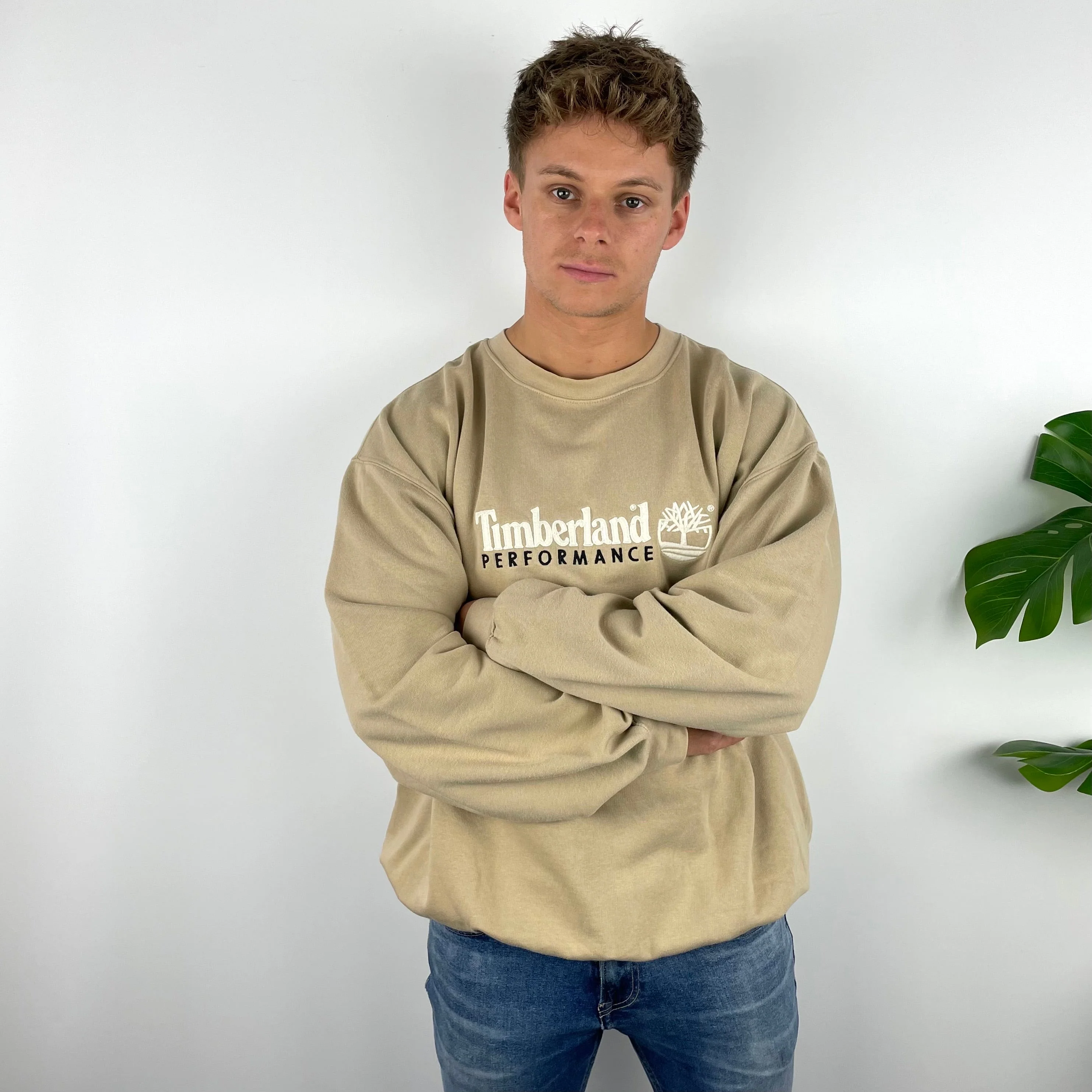 Timberland RARE Beige Embroidered Spell Out Sweatshirt  (XL)
