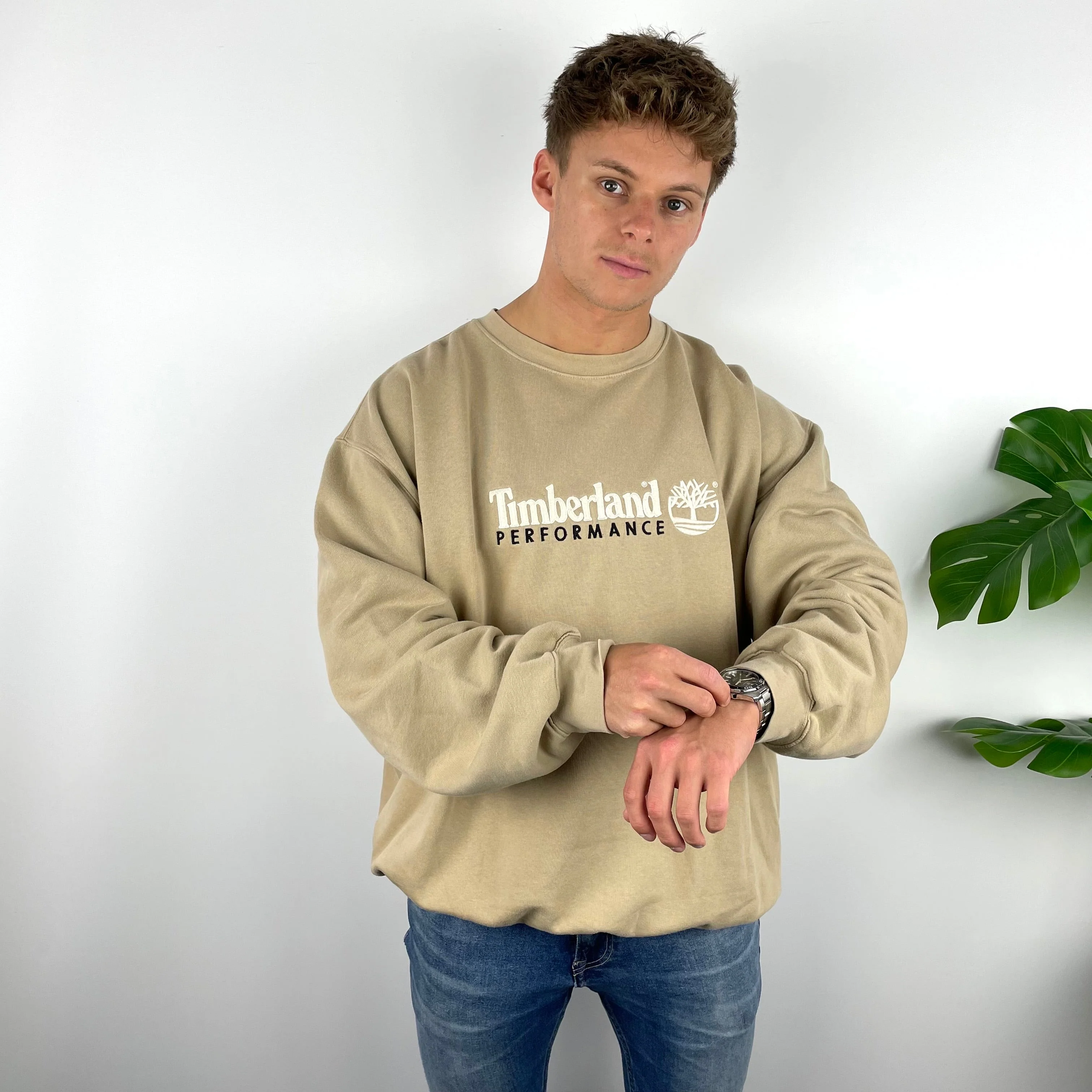 Timberland RARE Beige Embroidered Spell Out Sweatshirt  (XL) - Image 4