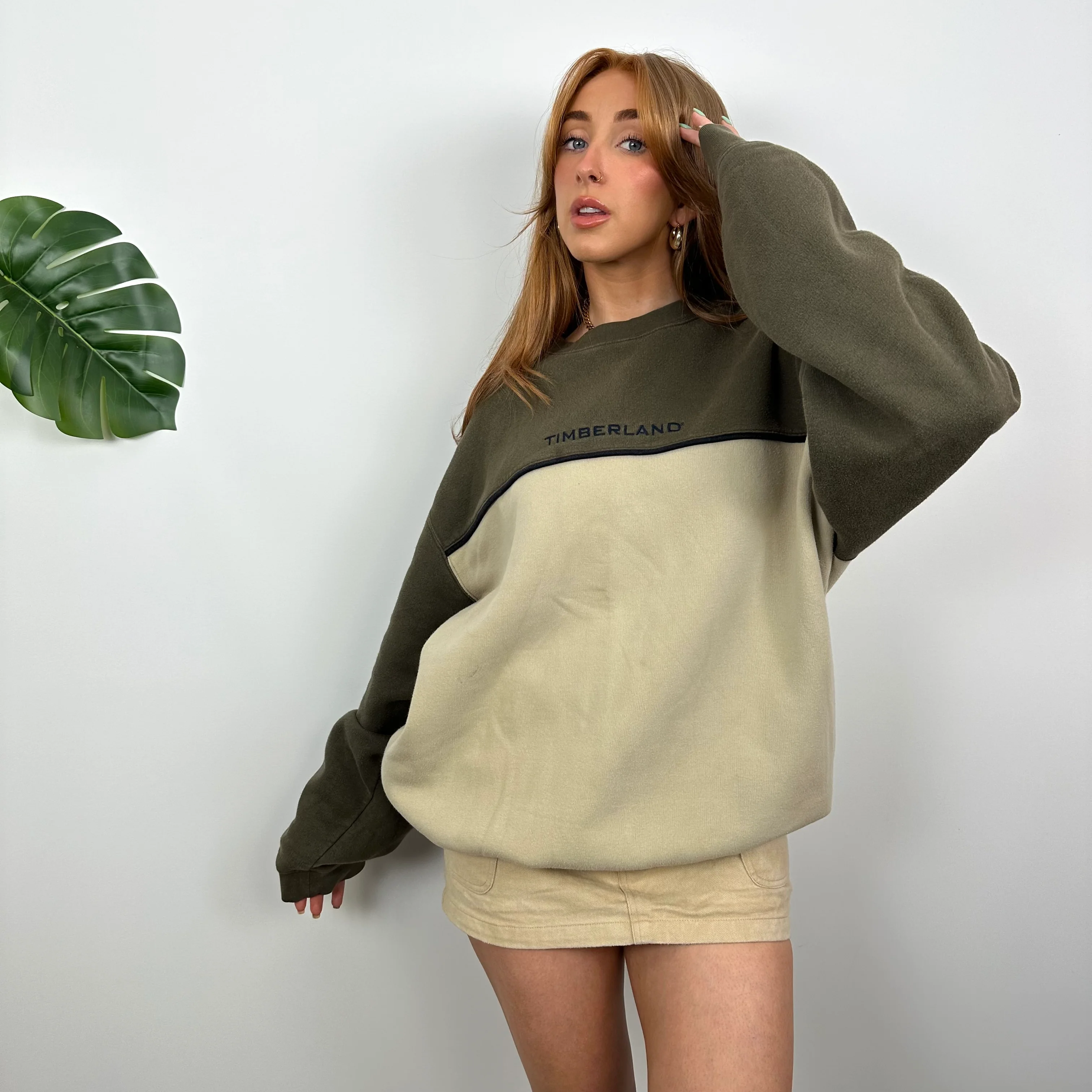 Timberland RARE Khaki and Tan Embroidered Spell Out Sweatshirt (L) - Image 2