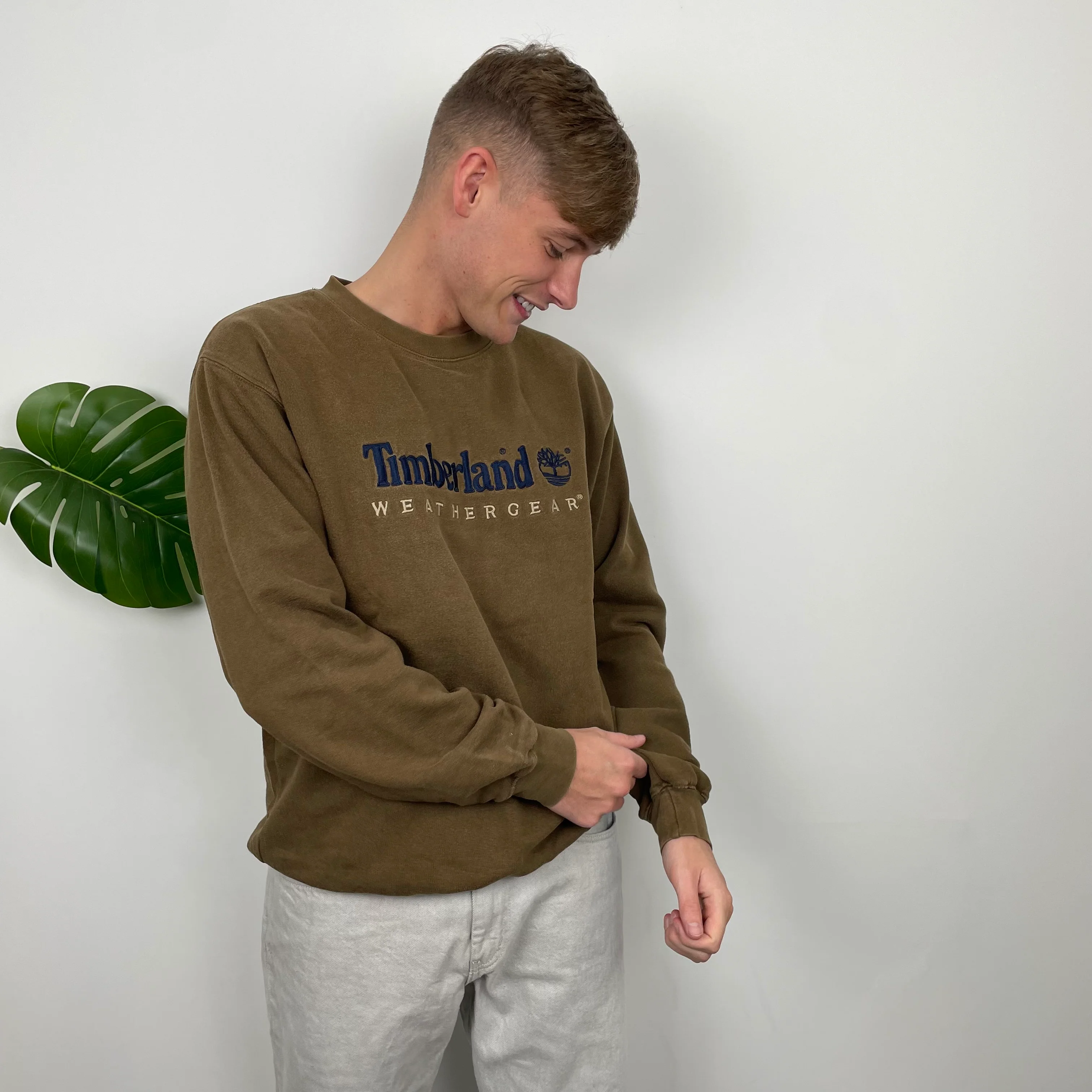 Timberland RARE Khaki Embroidered Spell Out Sweatshirt (L) - Image 6