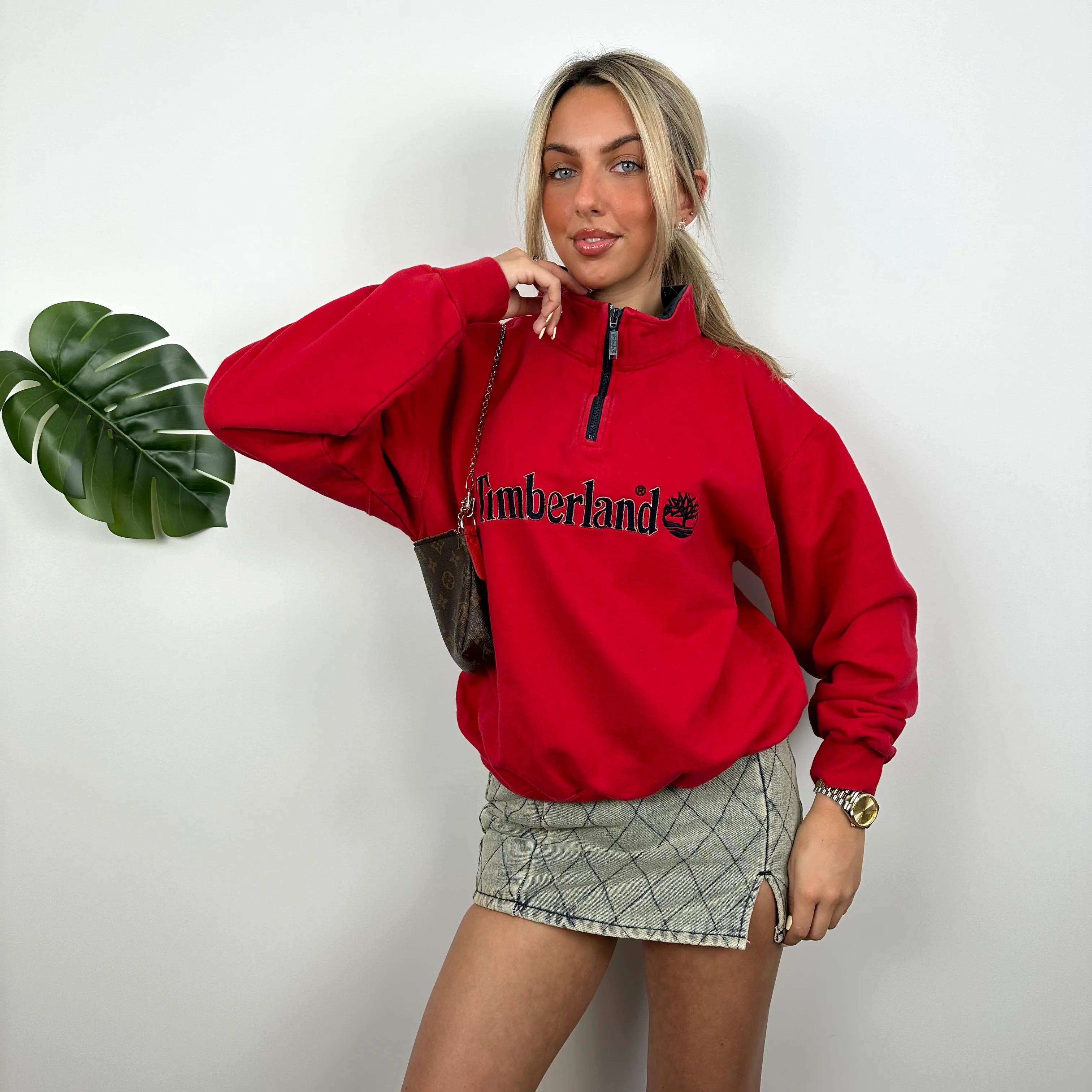 Timberland RARE Red Embroidered Spell Out Quarter Zip Sweatshirt (M) - Image 5