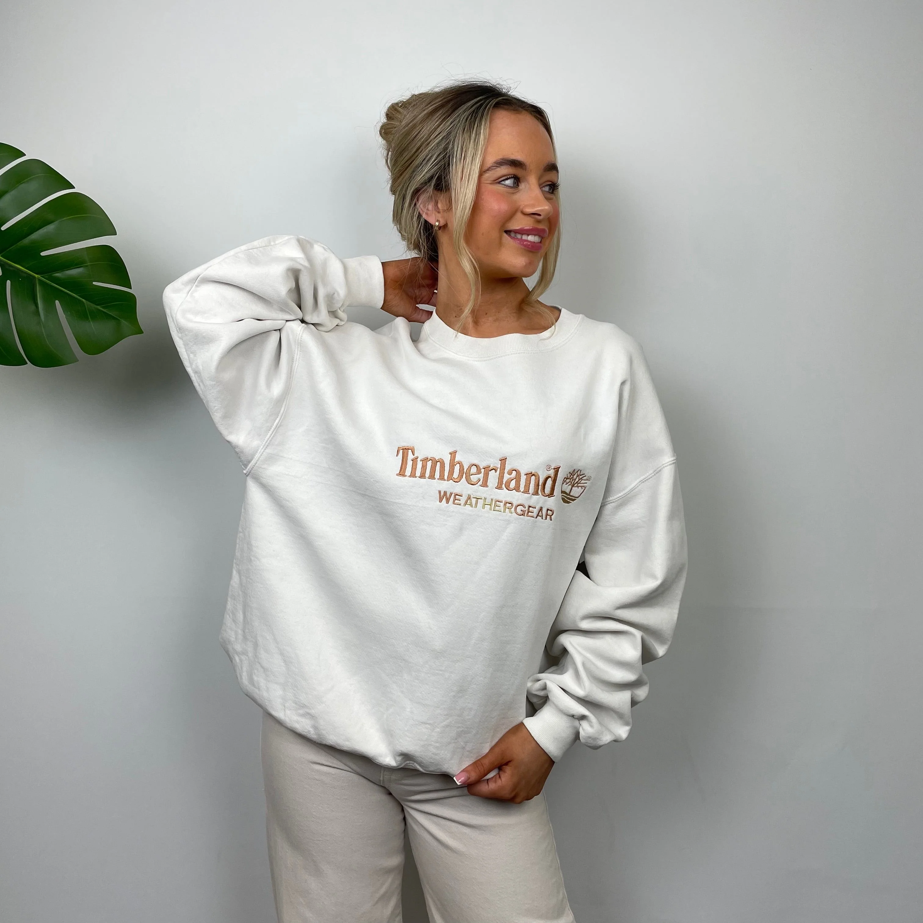 Timberland White Embroidered Spell Out Sweatshirt (L) - Image 2