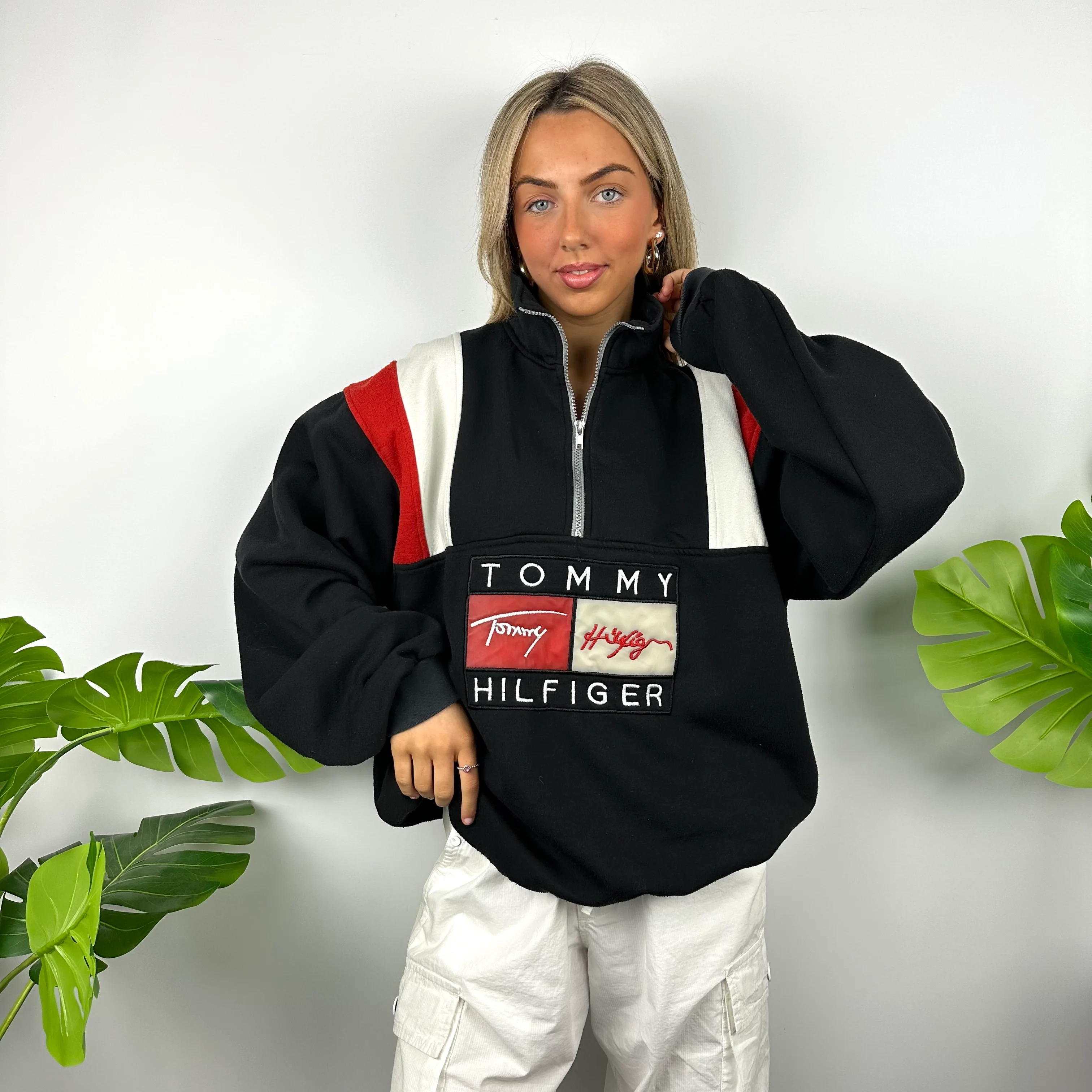 Tommy Hilfiger Black Embroidered Spell Out Quarter Zip Sweatshirt as worn by Annalivia Hynds (XL) - Image 5