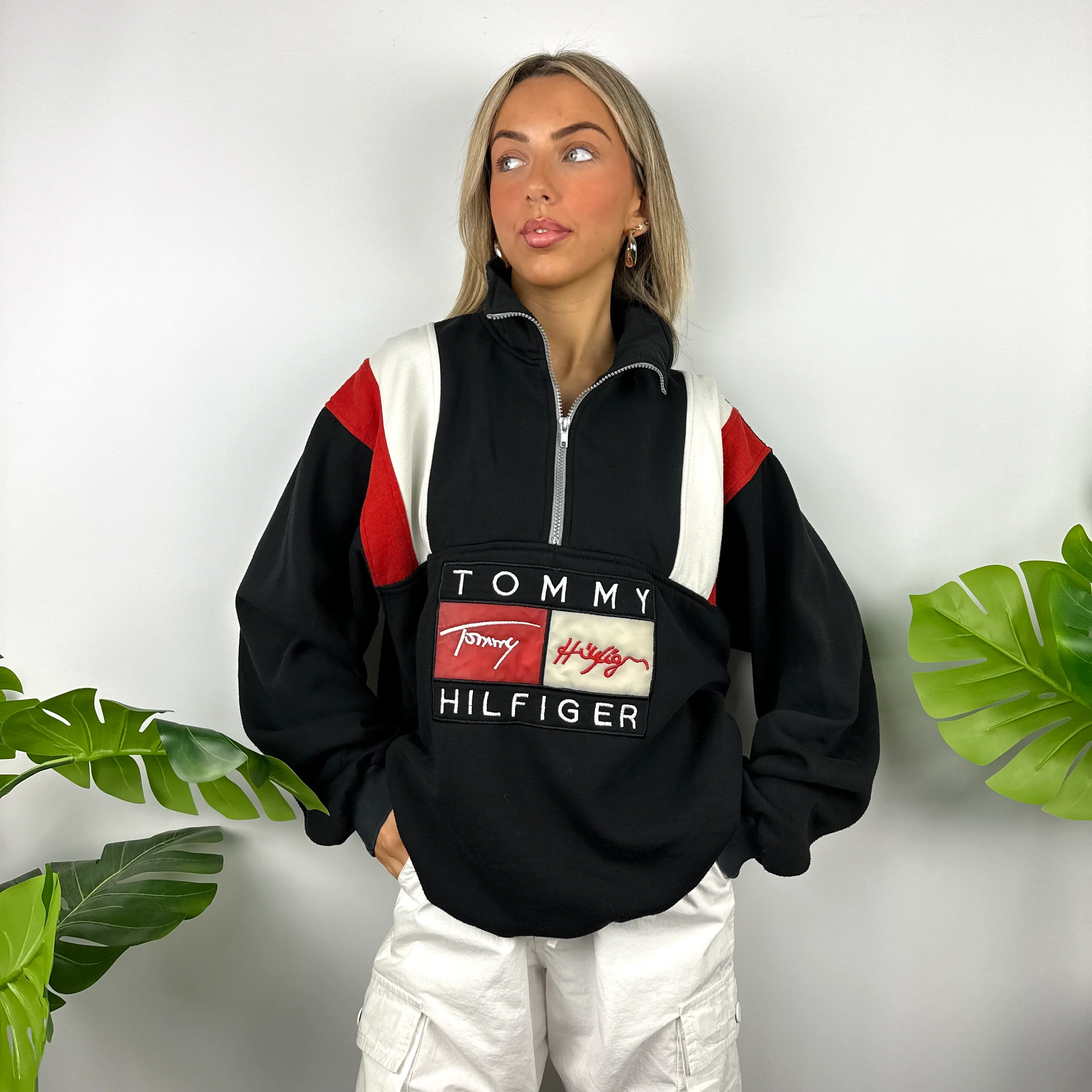 Tommy Hilfiger Black Embroidered Spell Out Quarter Zip Sweatshirt as worn by Annalivia Hynds (XL) - Image 6