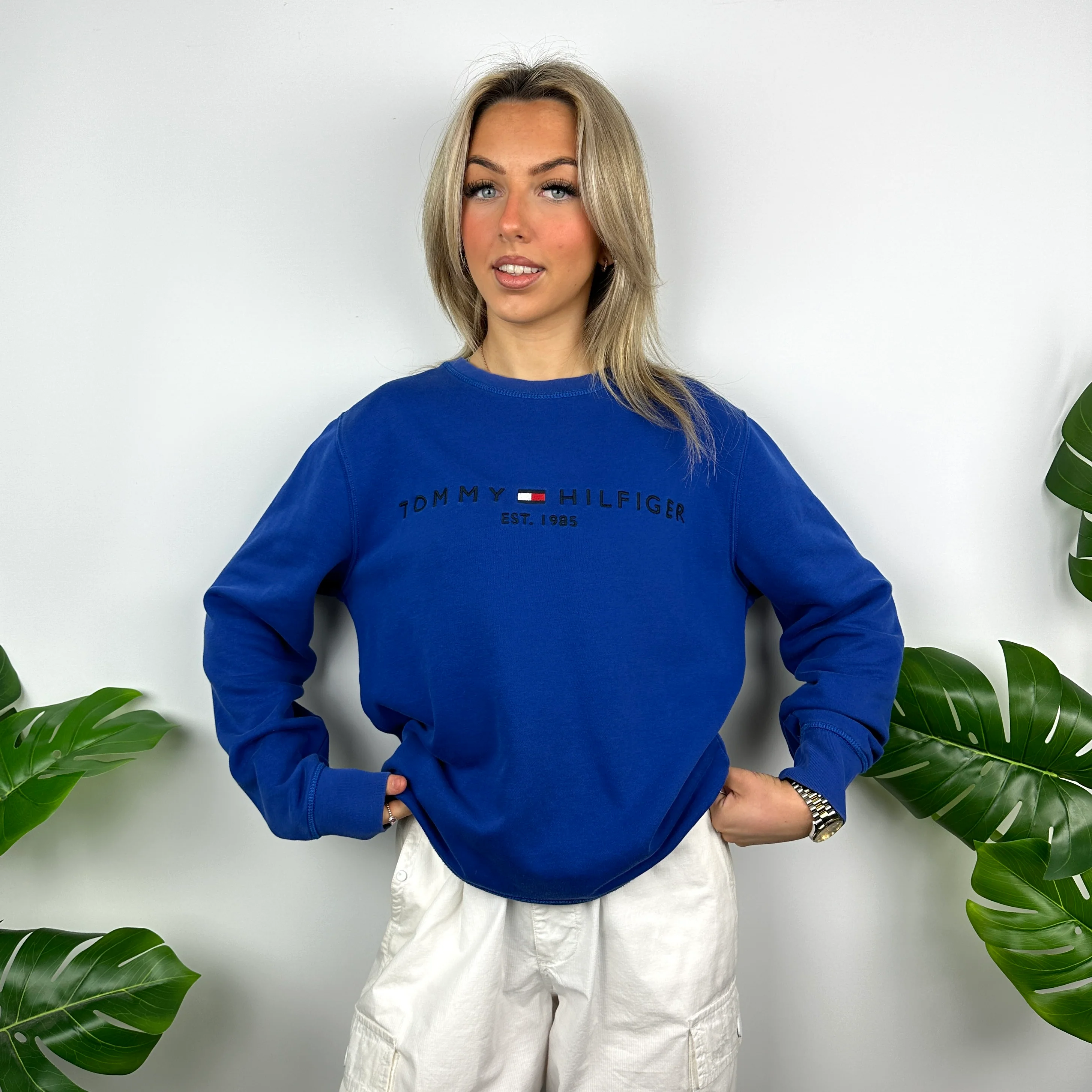 Tommy Hilfiger Blue Embroidered Spell Out Sweatshirt (M) - Image 5
